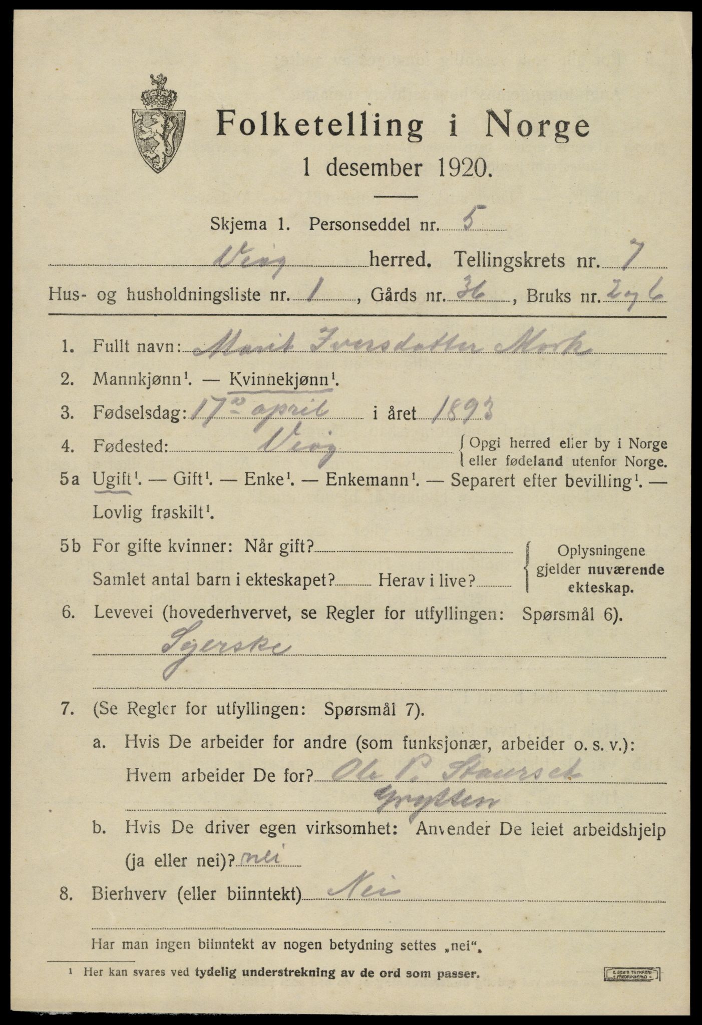 SAT, 1920 census for Veøy, 1920, p. 3085