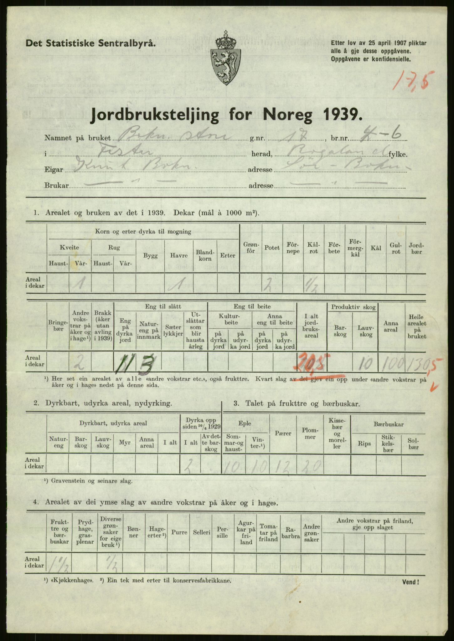 Statistisk sentralbyrå, Næringsøkonomiske emner, Jordbruk, skogbruk, jakt, fiske og fangst, AV/RA-S-2234/G/Gb/L0184: Rogaland: Årdal, Fister og Hjelmeland, 1939, p. 211