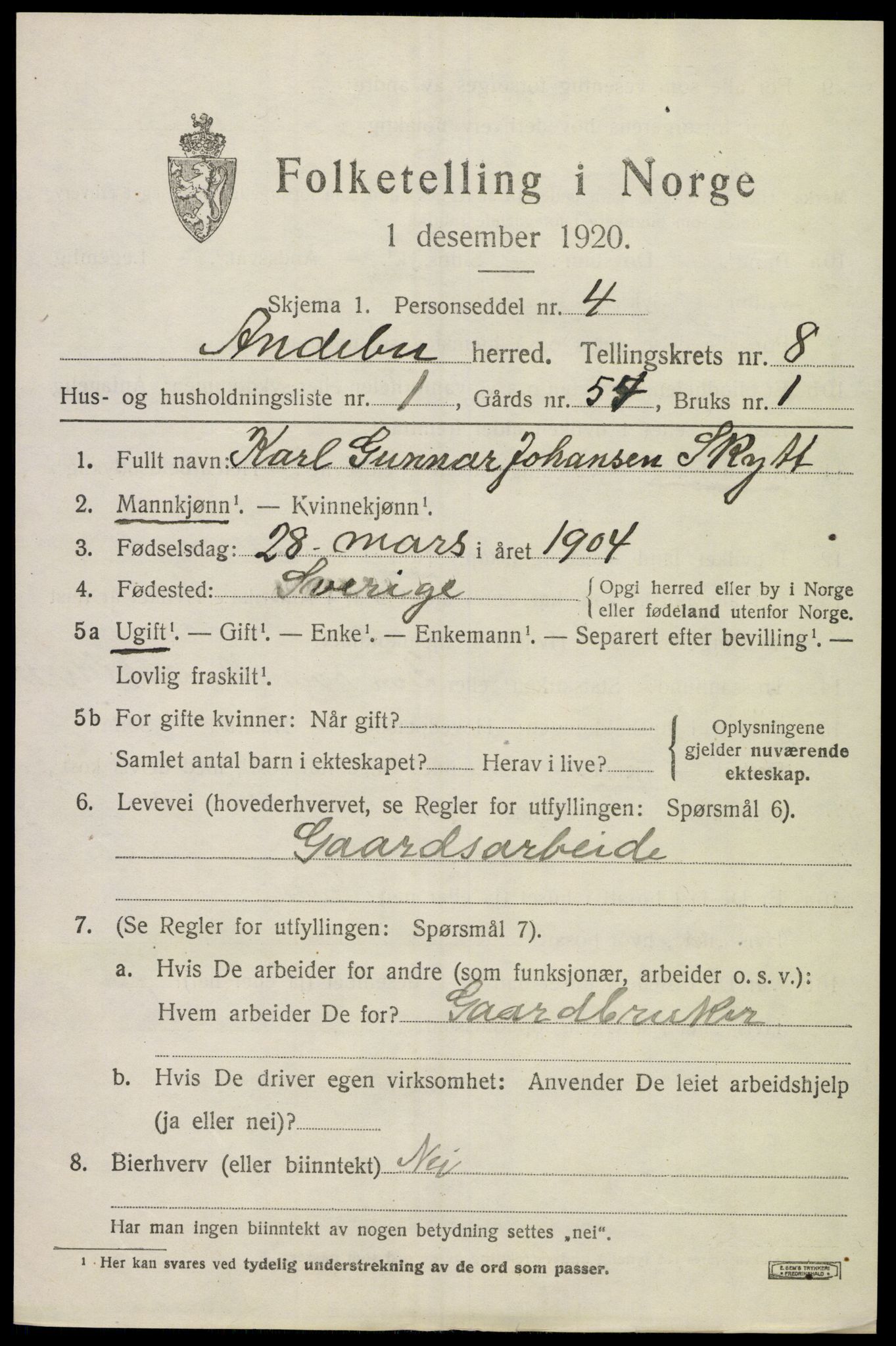 SAKO, 1920 census for Andebu, 1920, p. 3496