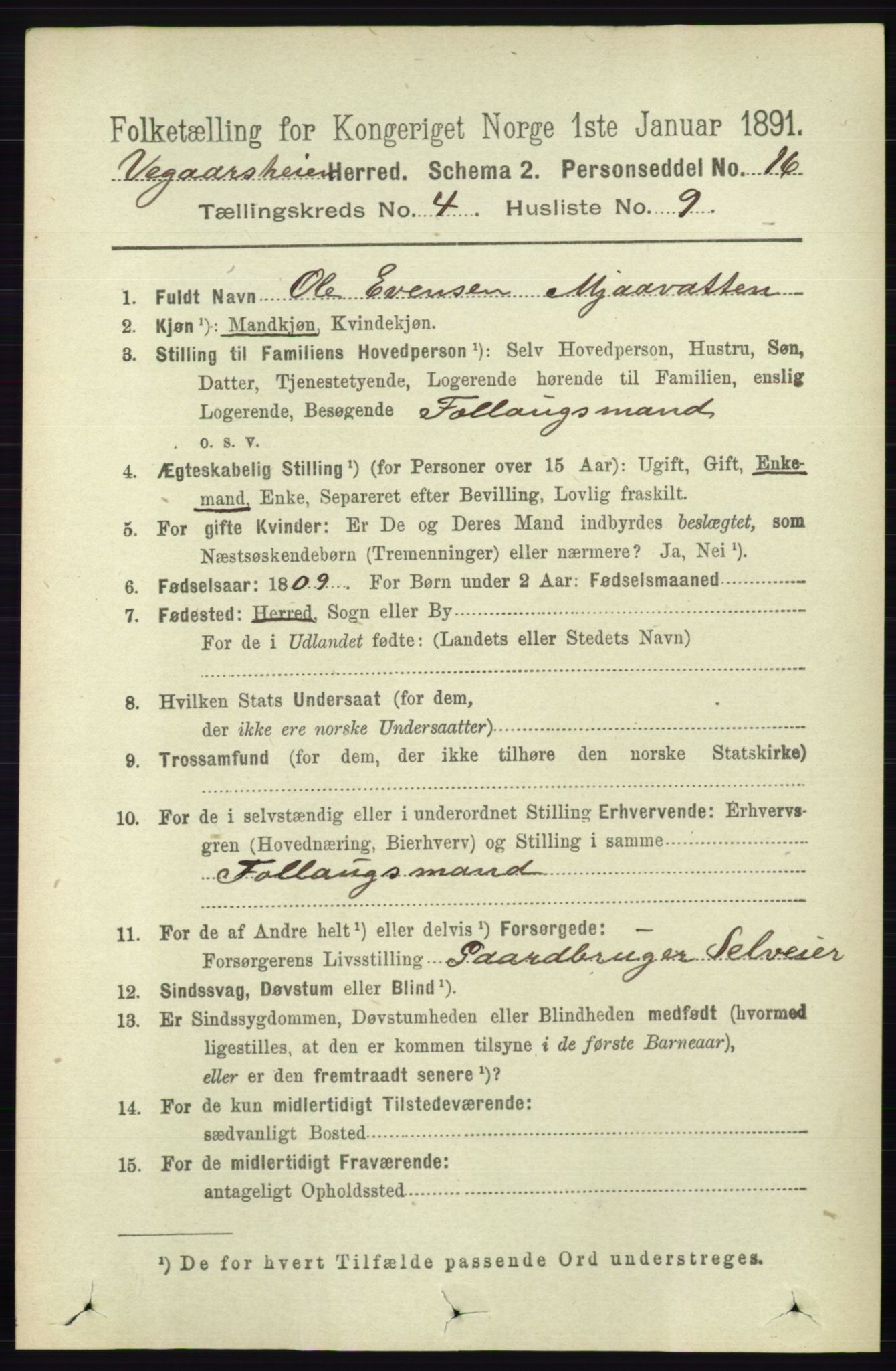 RA, 1891 census for 0912 Vegårshei, 1891, p. 837