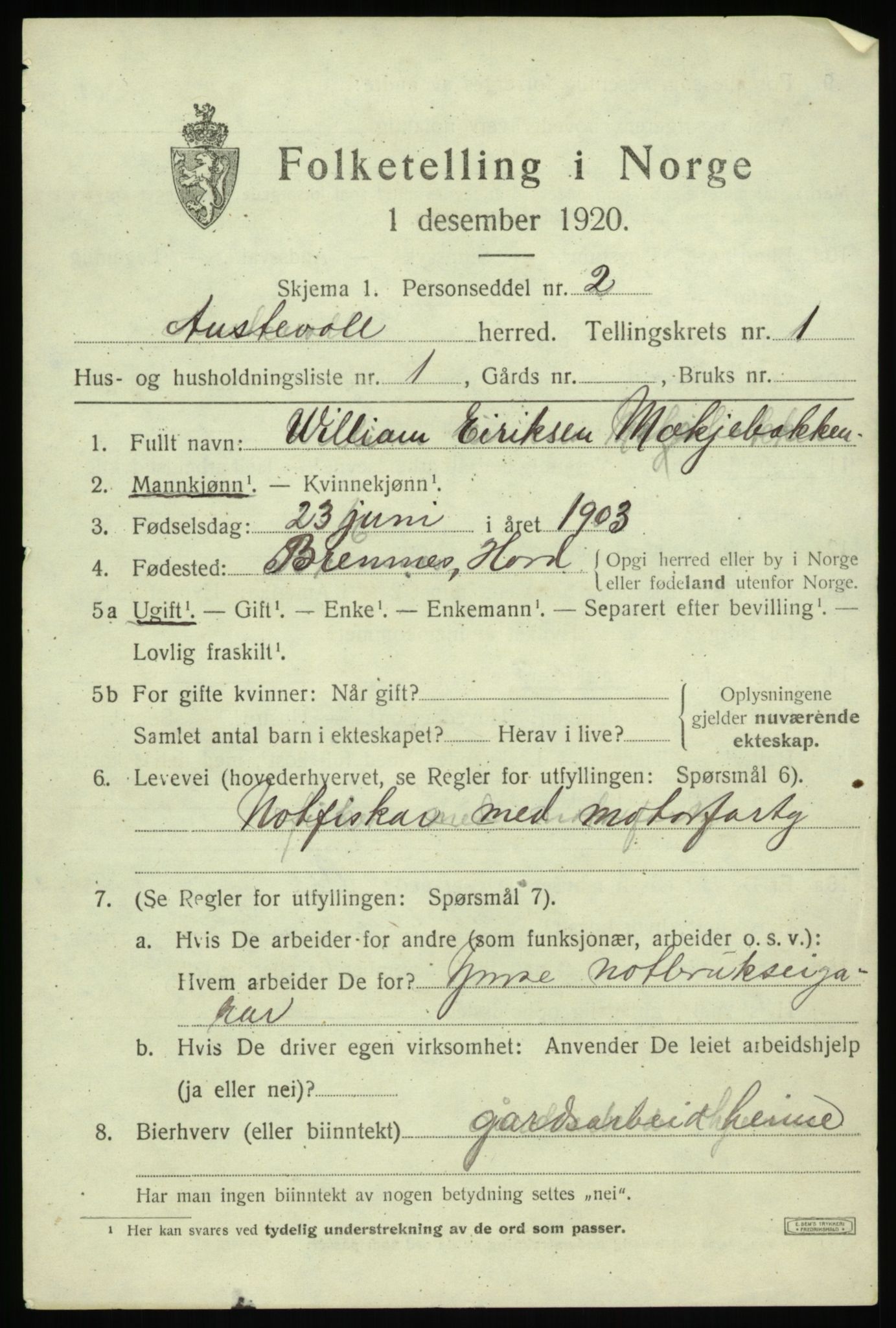 SAB, 1920 census for Austevoll, 1920, p. 902