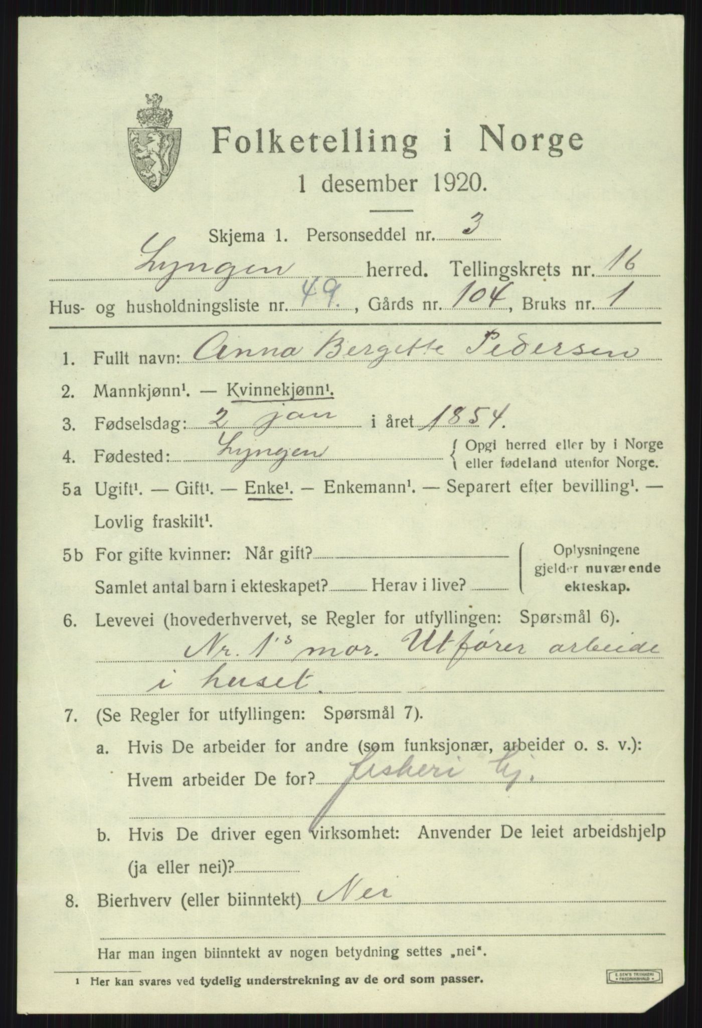 SATØ, 1920 census for Lyngen, 1920, p. 13873