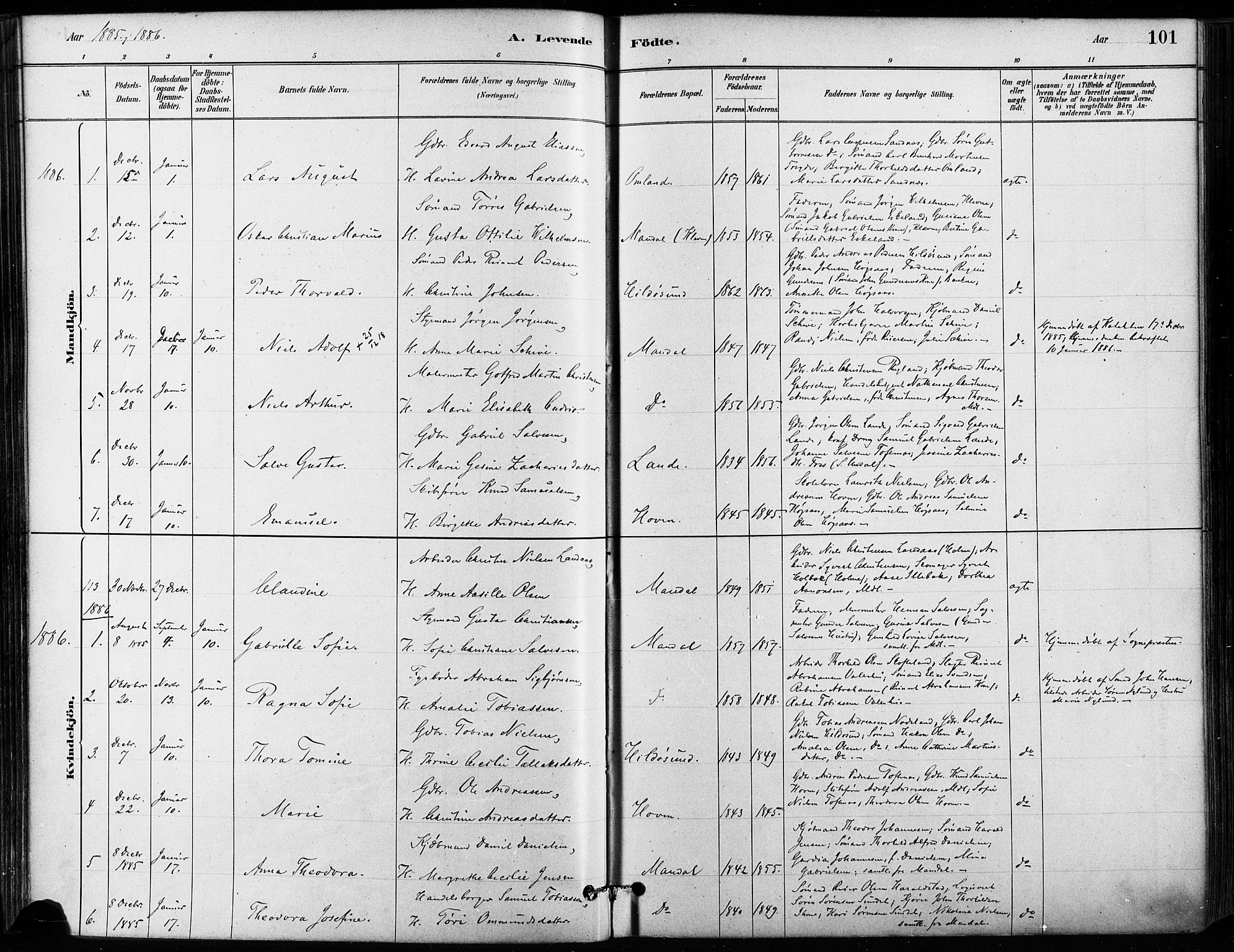 Mandal sokneprestkontor, AV/SAK-1111-0030/F/Fa/Faa/L0016: Parish register (official) no. A 16, 1880-1890, p. 101