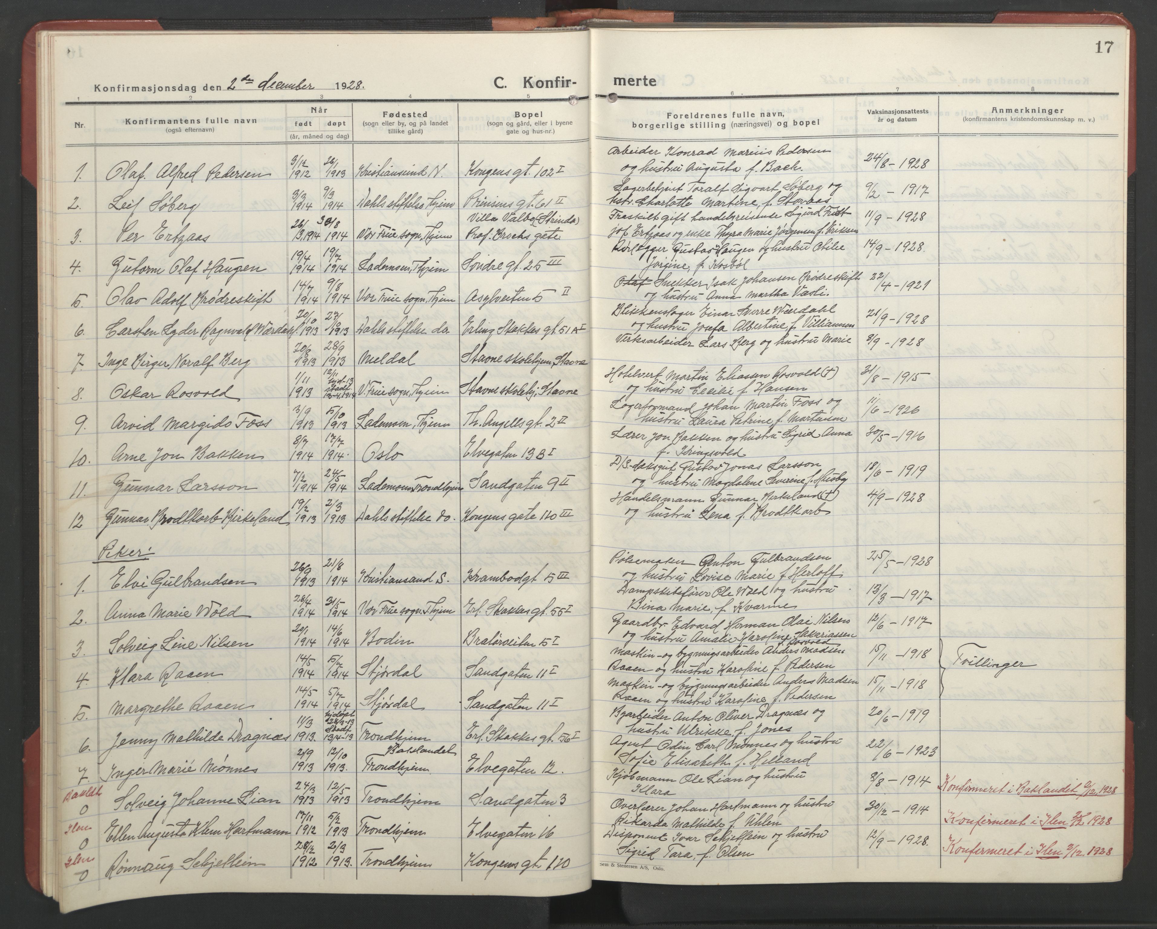 Ministerialprotokoller, klokkerbøker og fødselsregistre - Sør-Trøndelag, SAT/A-1456/602/L0151: Parish register (copy) no. 602C19, 1925-1951, p. 17