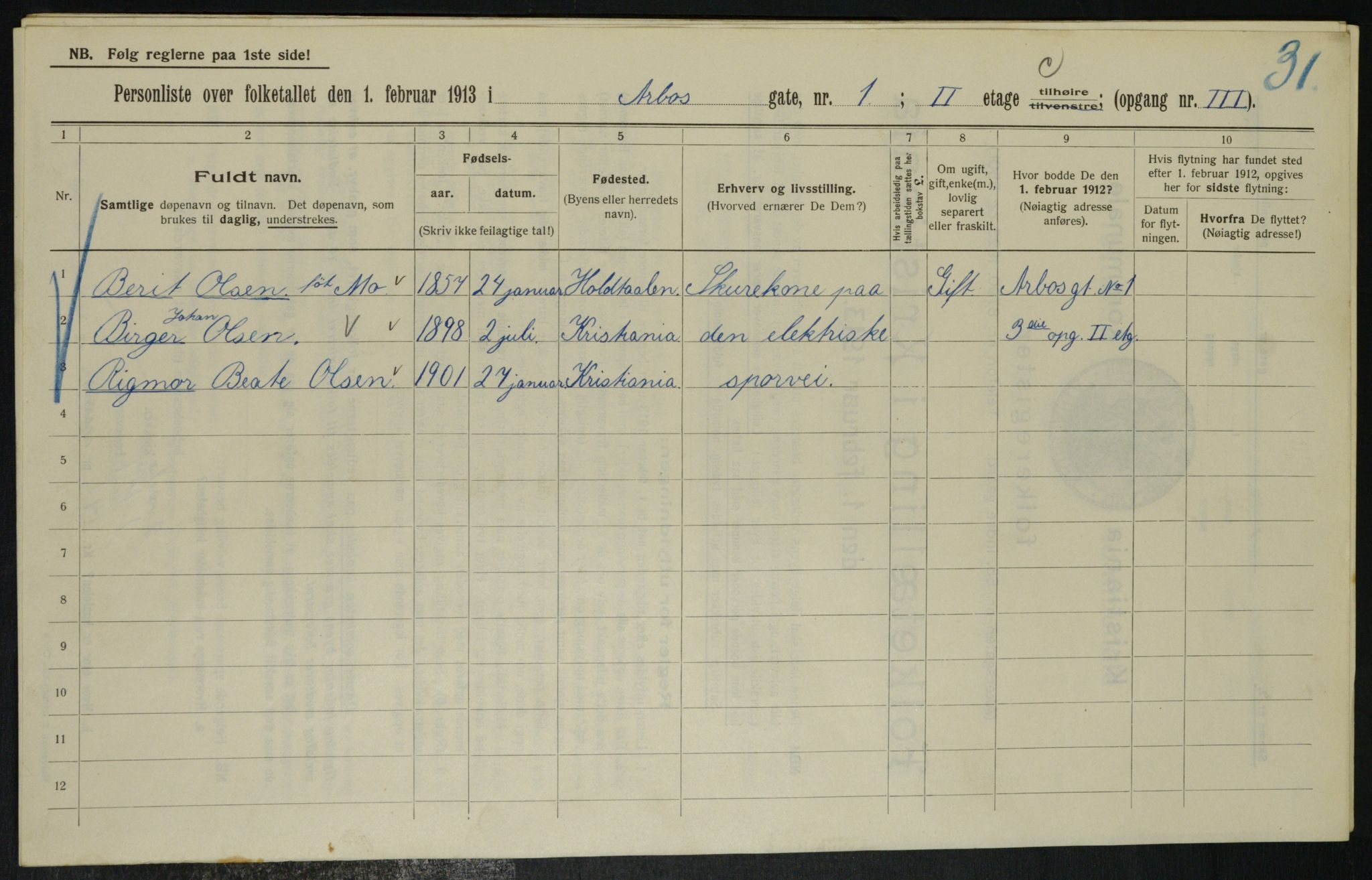 OBA, Municipal Census 1913 for Kristiania, 1913, p. 1619