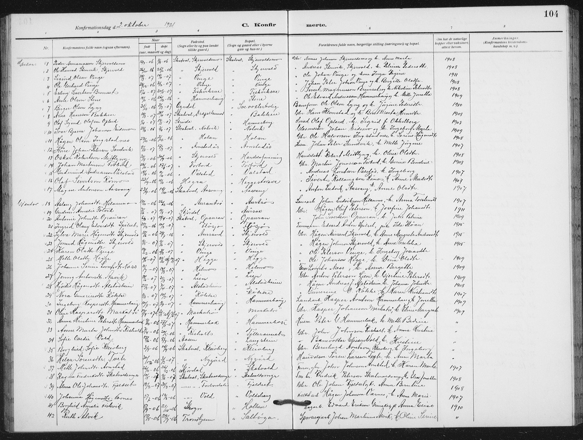 Ministerialprotokoller, klokkerbøker og fødselsregistre - Nord-Trøndelag, SAT/A-1458/712/L0104: Parish register (copy) no. 712C02, 1917-1939, p. 104