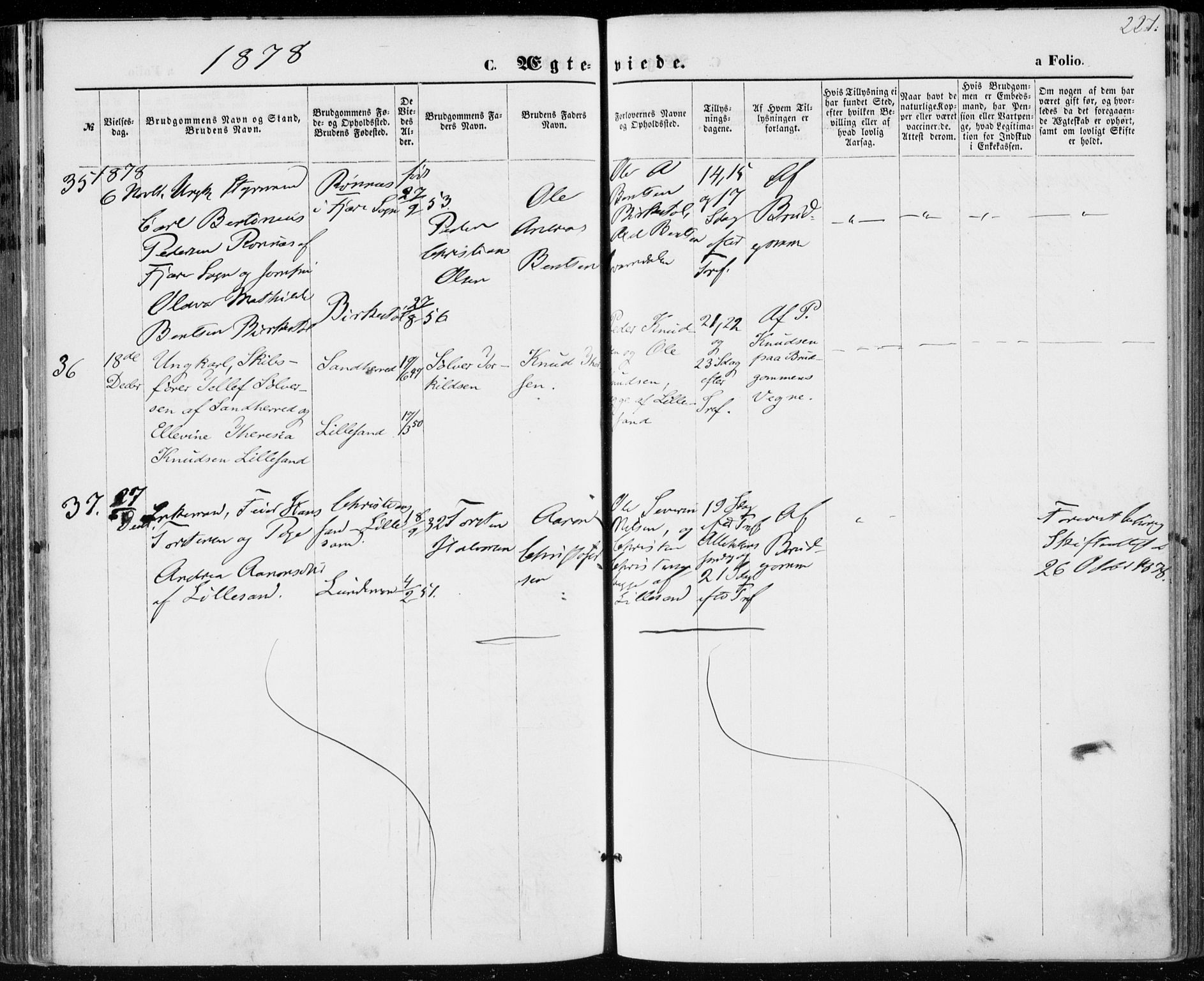 Vestre Moland sokneprestkontor, AV/SAK-1111-0046/F/Fa/Fab/L0008: Parish register (official) no. A 8, 1873-1883, p. 227