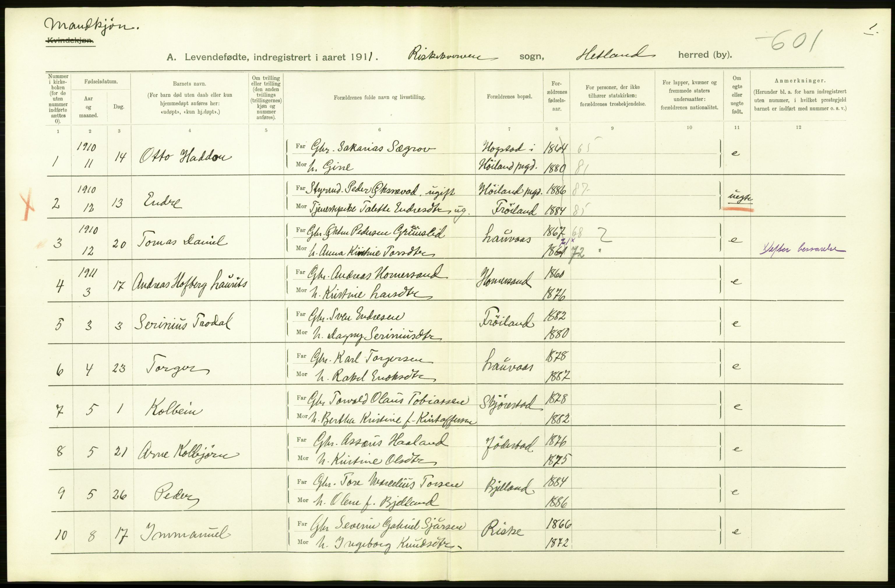 Statistisk sentralbyrå, Sosiodemografiske emner, Befolkning, RA/S-2228/D/Df/Dfb/Dfba/L0025: Stavanger amt:  Levendefødte menn og kvinner. Bygder., 1911, p. 4