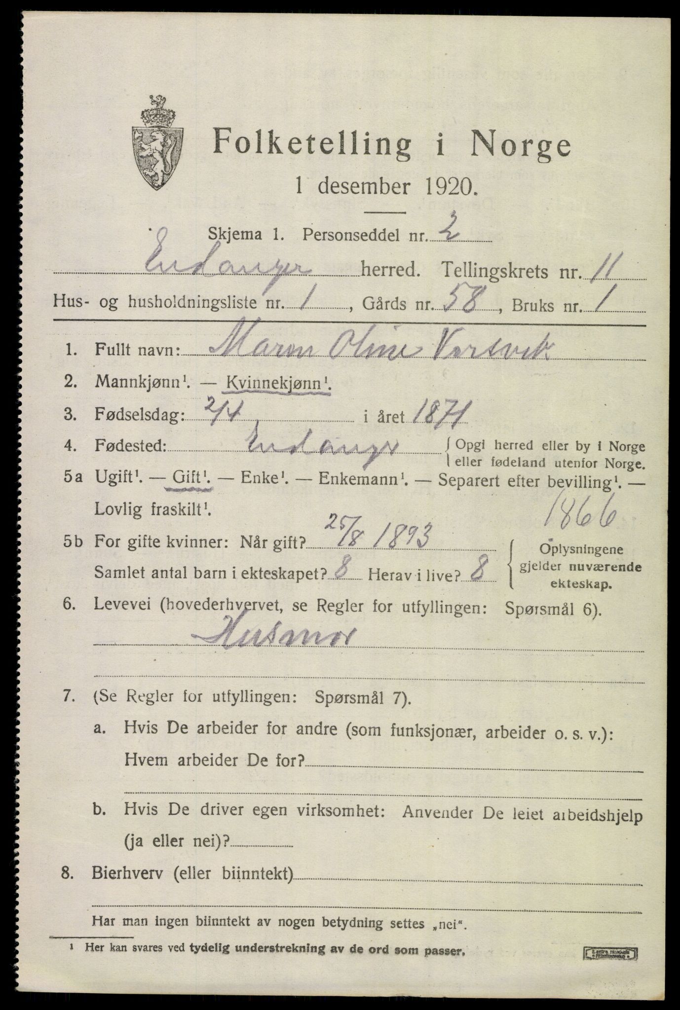 SAKO, 1920 census for Eidanger, 1920, p. 6672