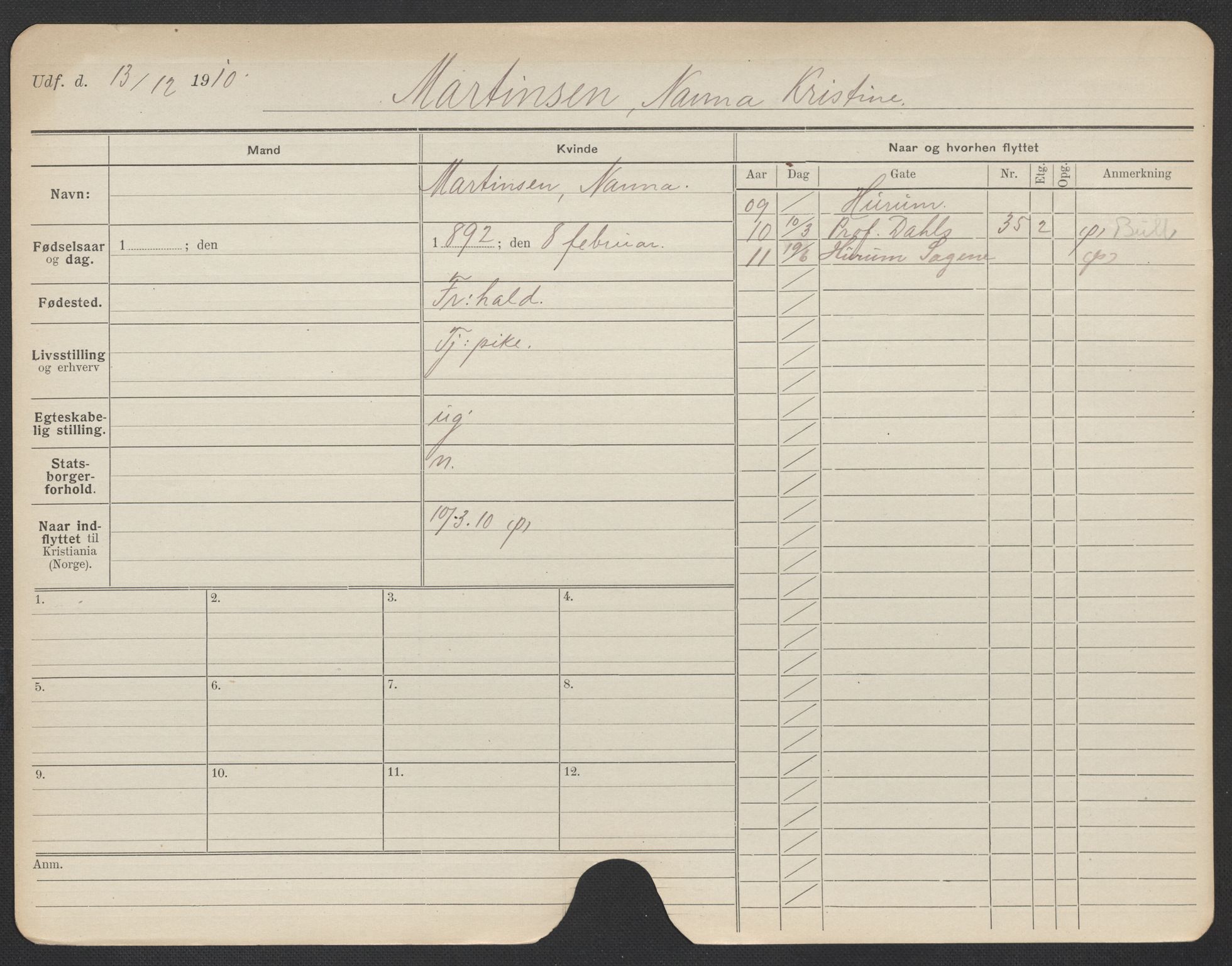 Oslo folkeregister, Registerkort, AV/SAO-A-11715/F/Fa/Fac/L0020: Kvinner, 1906-1914, p. 654a