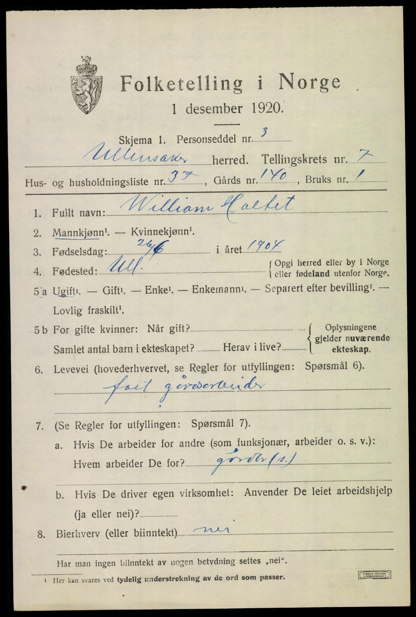 SAO, 1920 census for Ullensaker, 1920, p. 13395