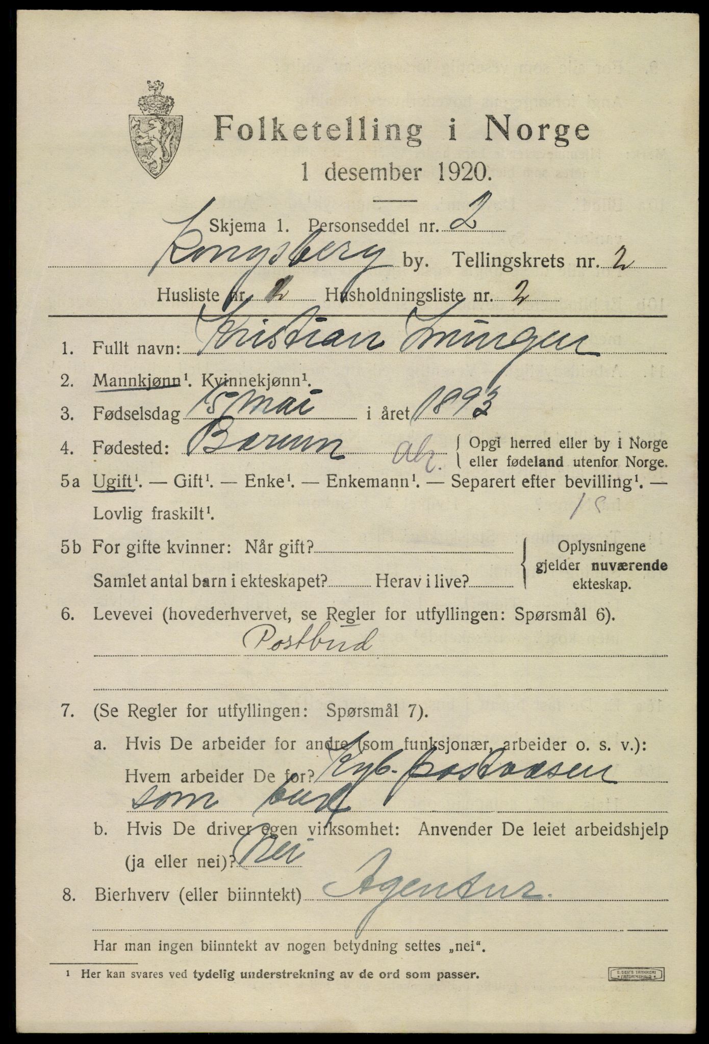 SAKO, 1920 census for Kongsberg, 1920, p. 6778