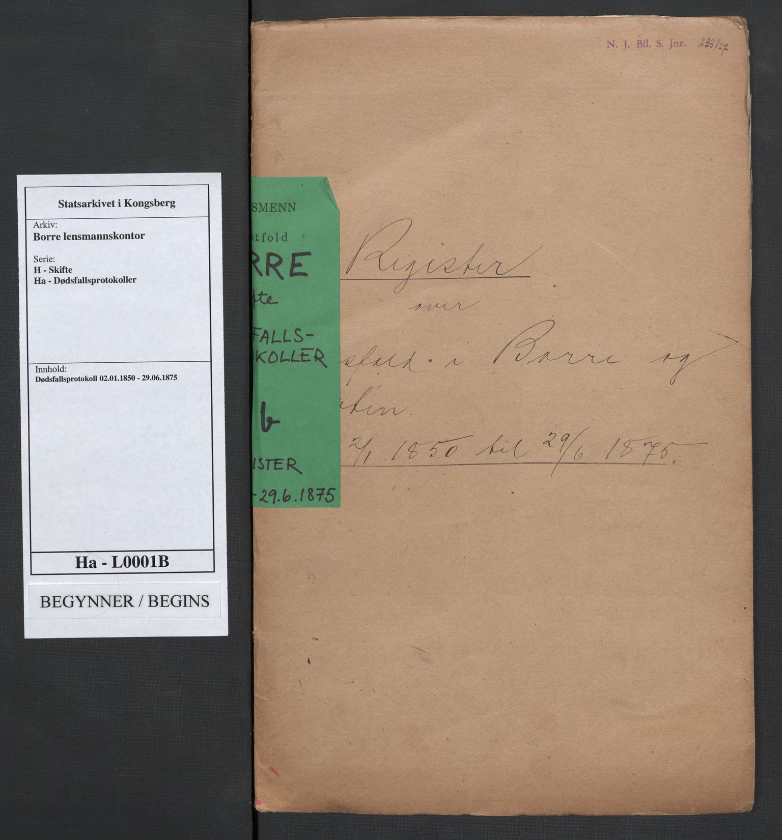 Borre lensmannskontor, AV/SAKO-A-533/H/Ha/L0001B: Dødsfallsprotokoll, 1850-1875, p. 1