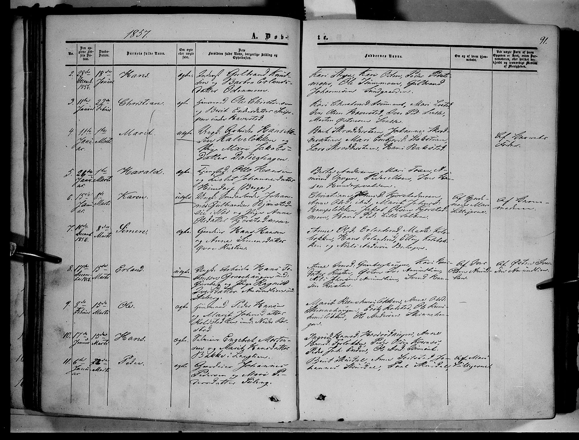 Sør-Fron prestekontor, SAH/PREST-010/H/Ha/Haa/L0001: Parish register (official) no. 1, 1849-1863, p. 91