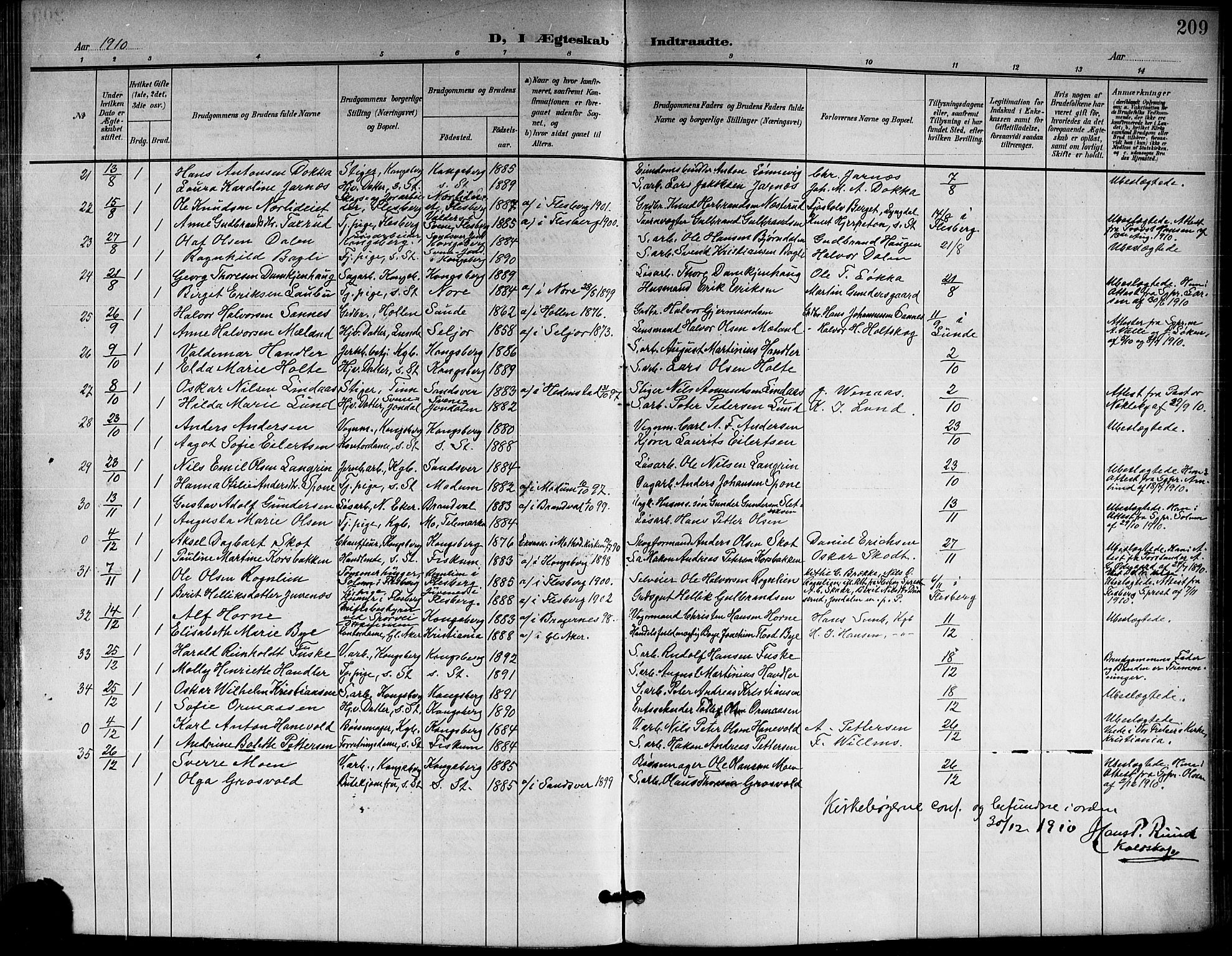 Kongsberg kirkebøker, AV/SAKO-A-22/G/Ga/L0007: Parish register (copy) no. 7, 1901-1915, p. 209