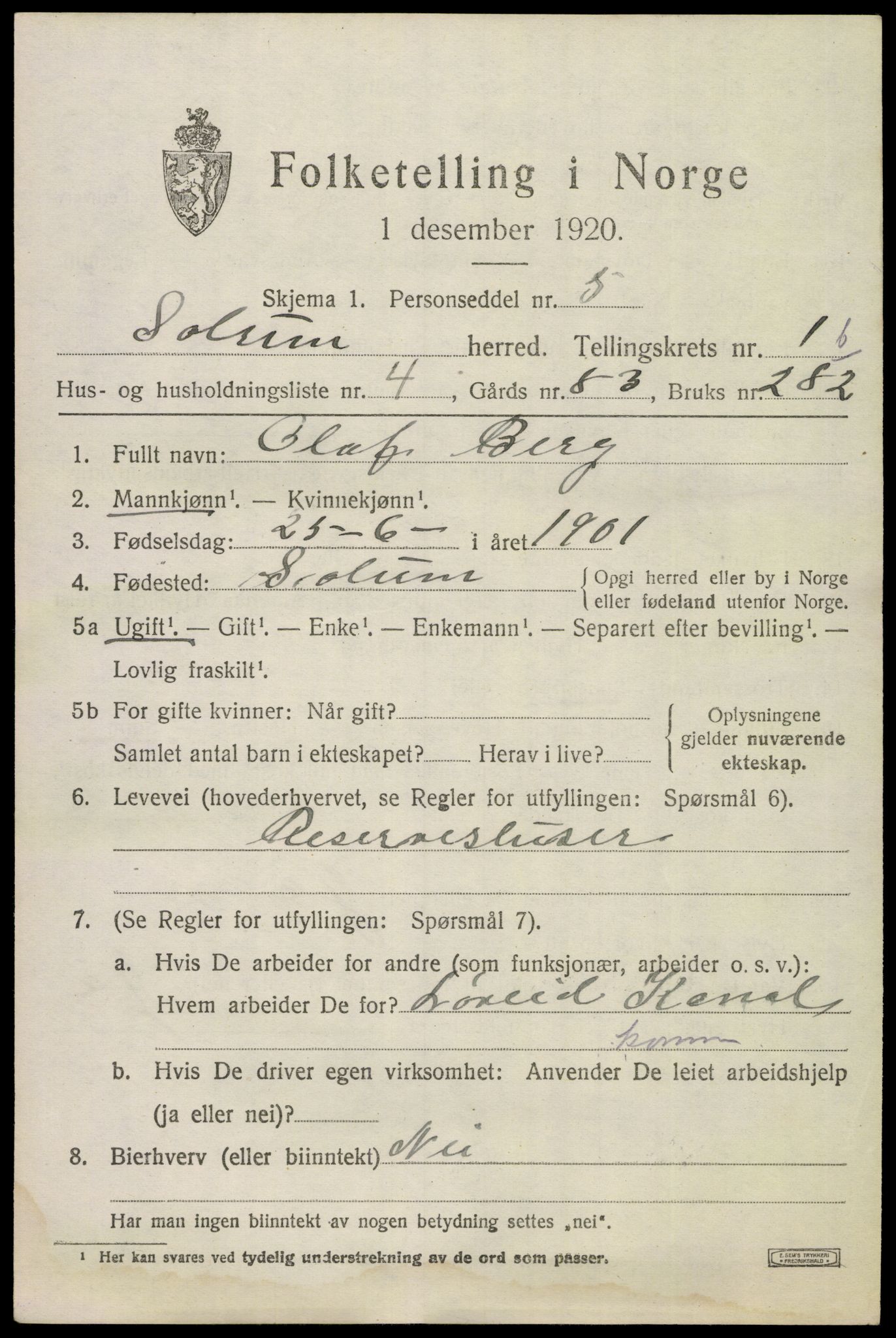 SAKO, 1920 census for Solum, 1920, p. 4092