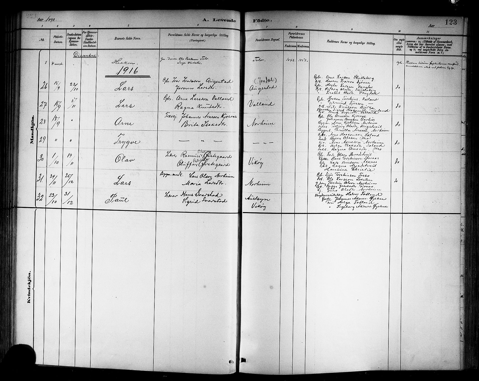 Kvam sokneprestembete, SAB/A-76201/H/Hab: Parish register (copy) no. B 3, 1884-1916, p. 123