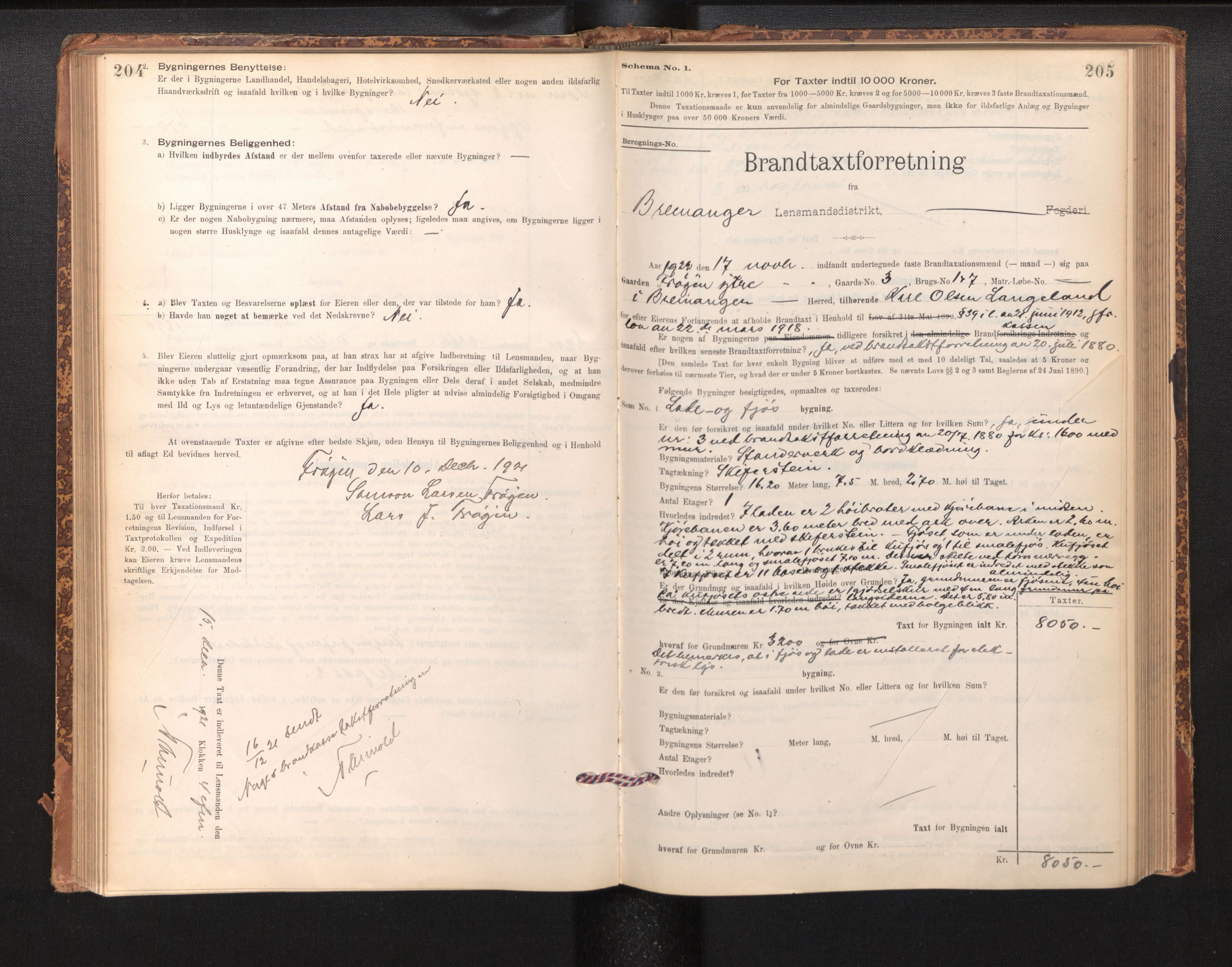 Lensmannen i Bremanger, SAB/A-26701/0012/L0007: Branntakstprotokoll, skjematakst, 1895-1936, p. 204-205
