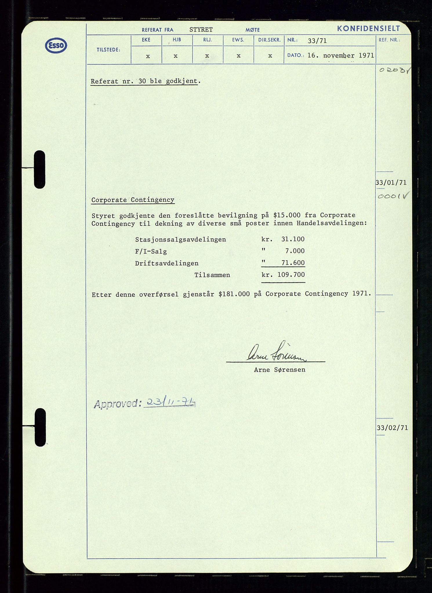 Pa 0982 - Esso Norge A/S, AV/SAST-A-100448/A/Aa/L0003/0002: Den administrerende direksjon Board minutes (styrereferater) og Bedriftforsamlingsprotokoll / Den administrerende direksjon Board minutes (styrereferater), 1970-1974, p. 132