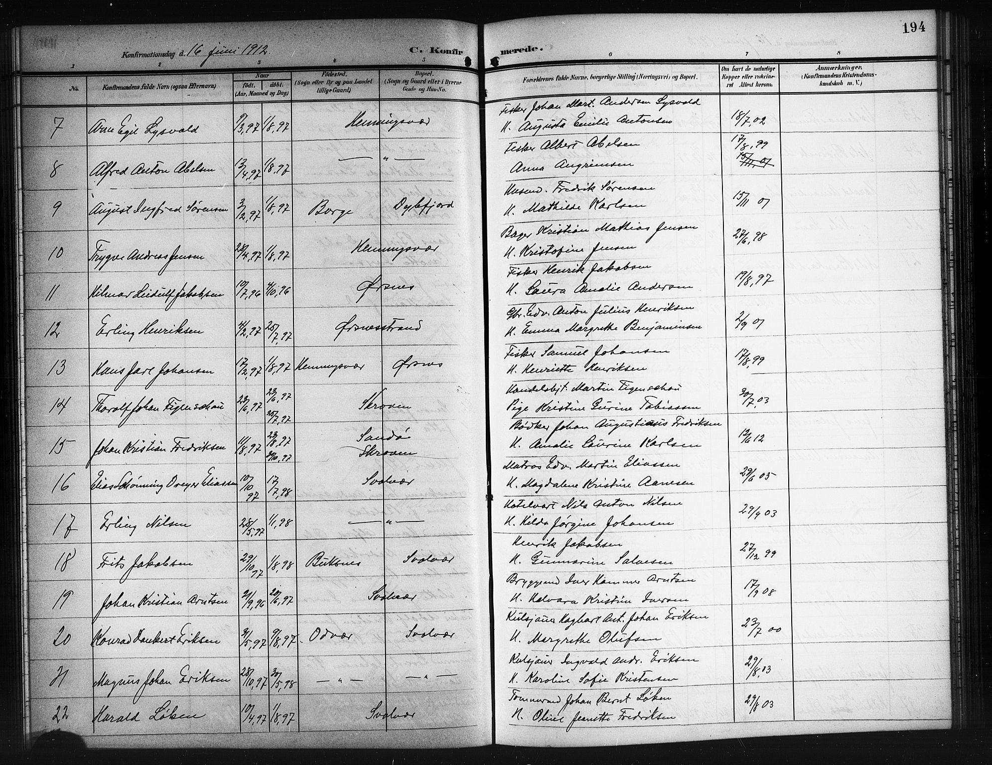 Ministerialprotokoller, klokkerbøker og fødselsregistre - Nordland, AV/SAT-A-1459/874/L1079: Parish register (copy) no. 874C08, 1907-1915, p. 194