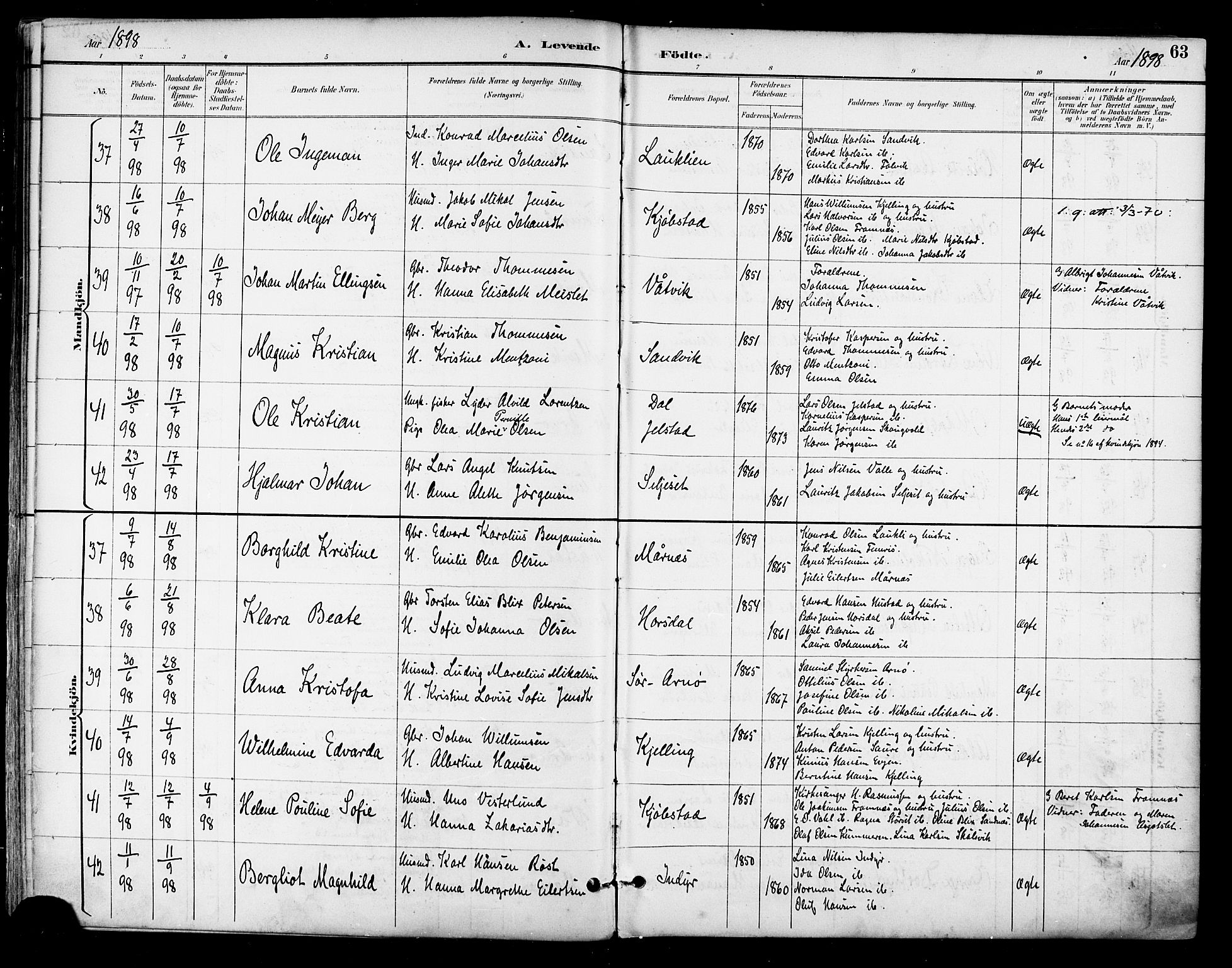 Ministerialprotokoller, klokkerbøker og fødselsregistre - Nordland, SAT/A-1459/805/L0101: Parish register (official) no. 805A07, 1892-1899, p. 63