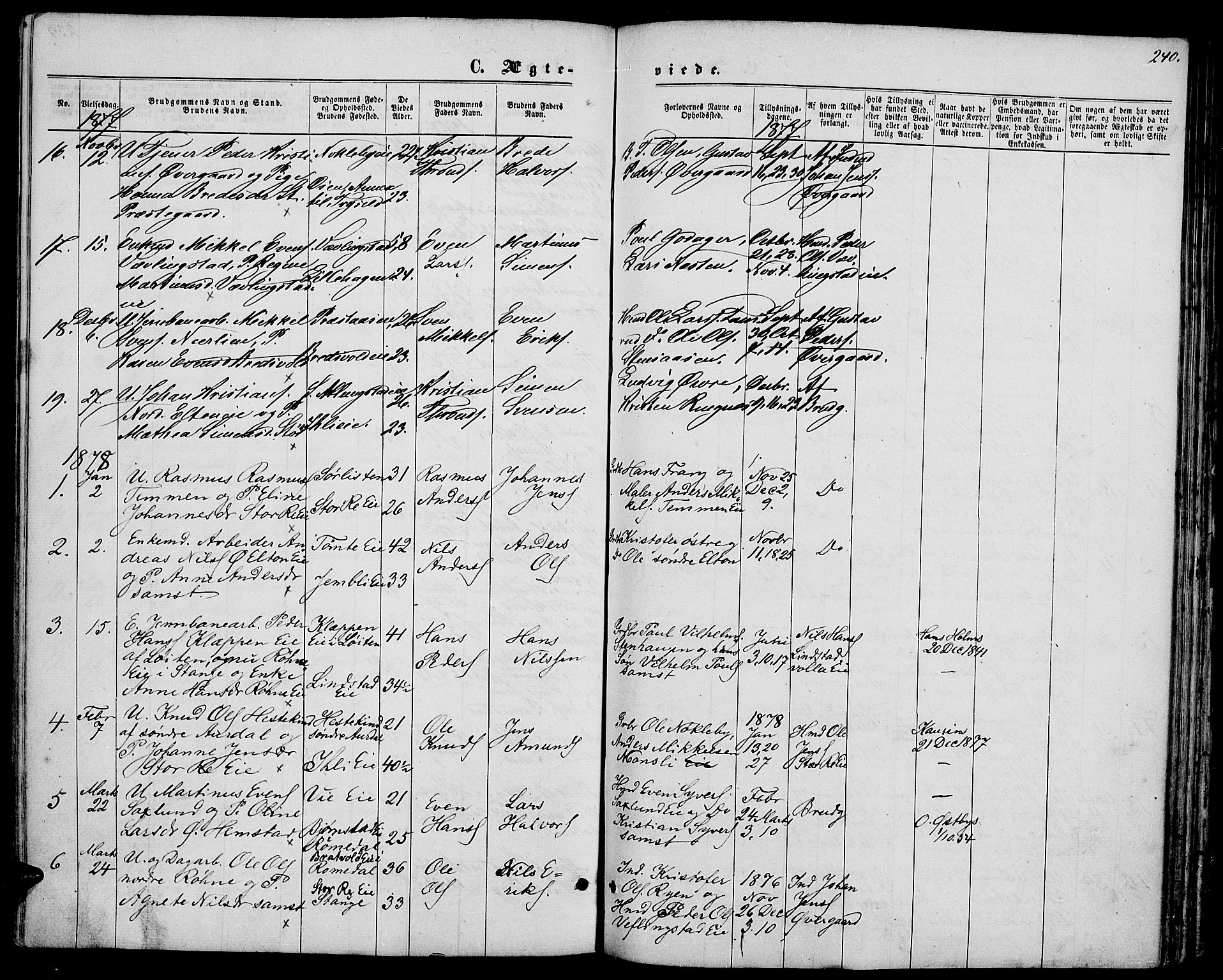 Stange prestekontor, SAH/PREST-002/L/L0006: Parish register (copy) no. 6, 1864-1882, p. 240