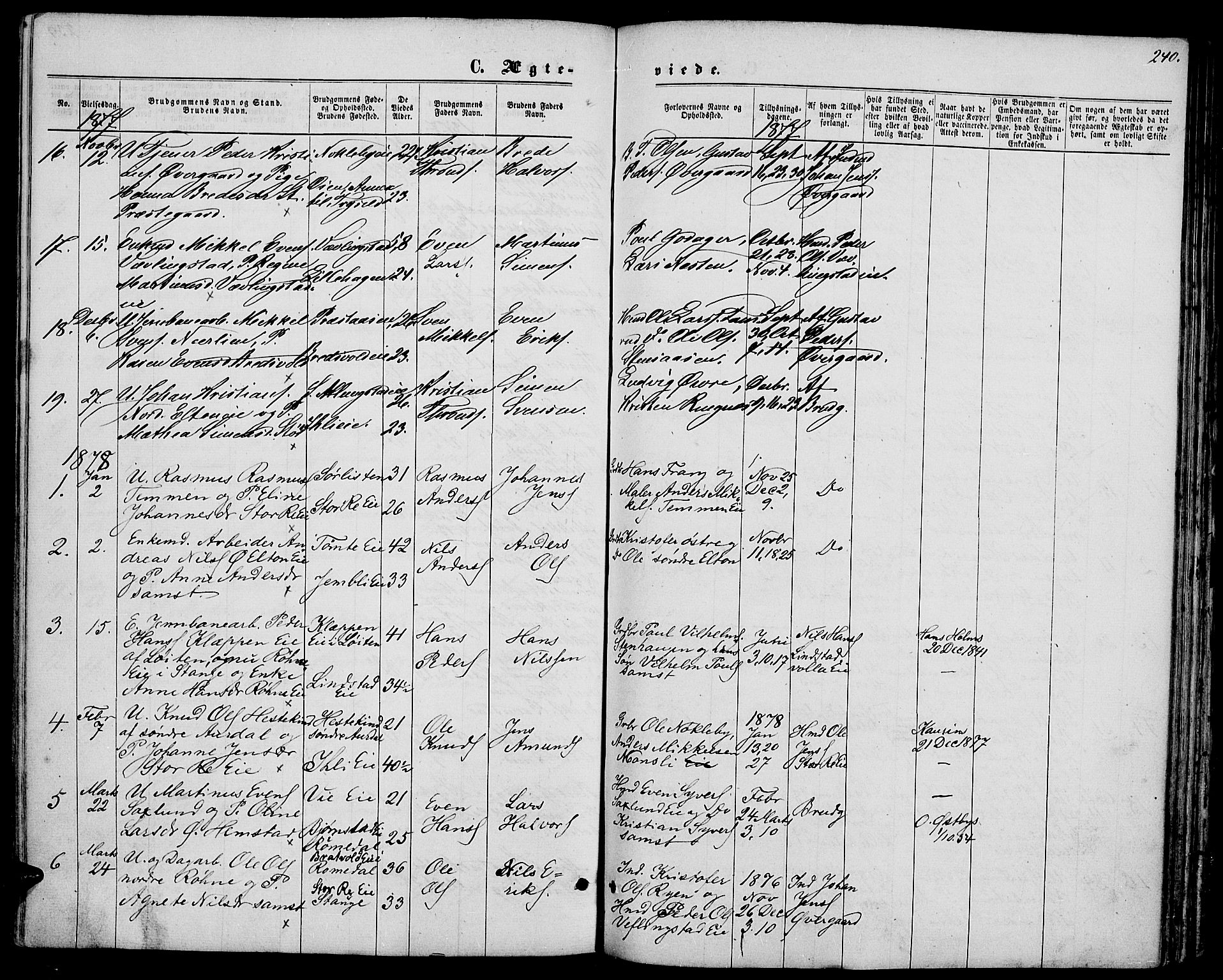 Stange prestekontor, AV/SAH-PREST-002/L/L0006: Parish register (copy) no. 6, 1864-1882, p. 240