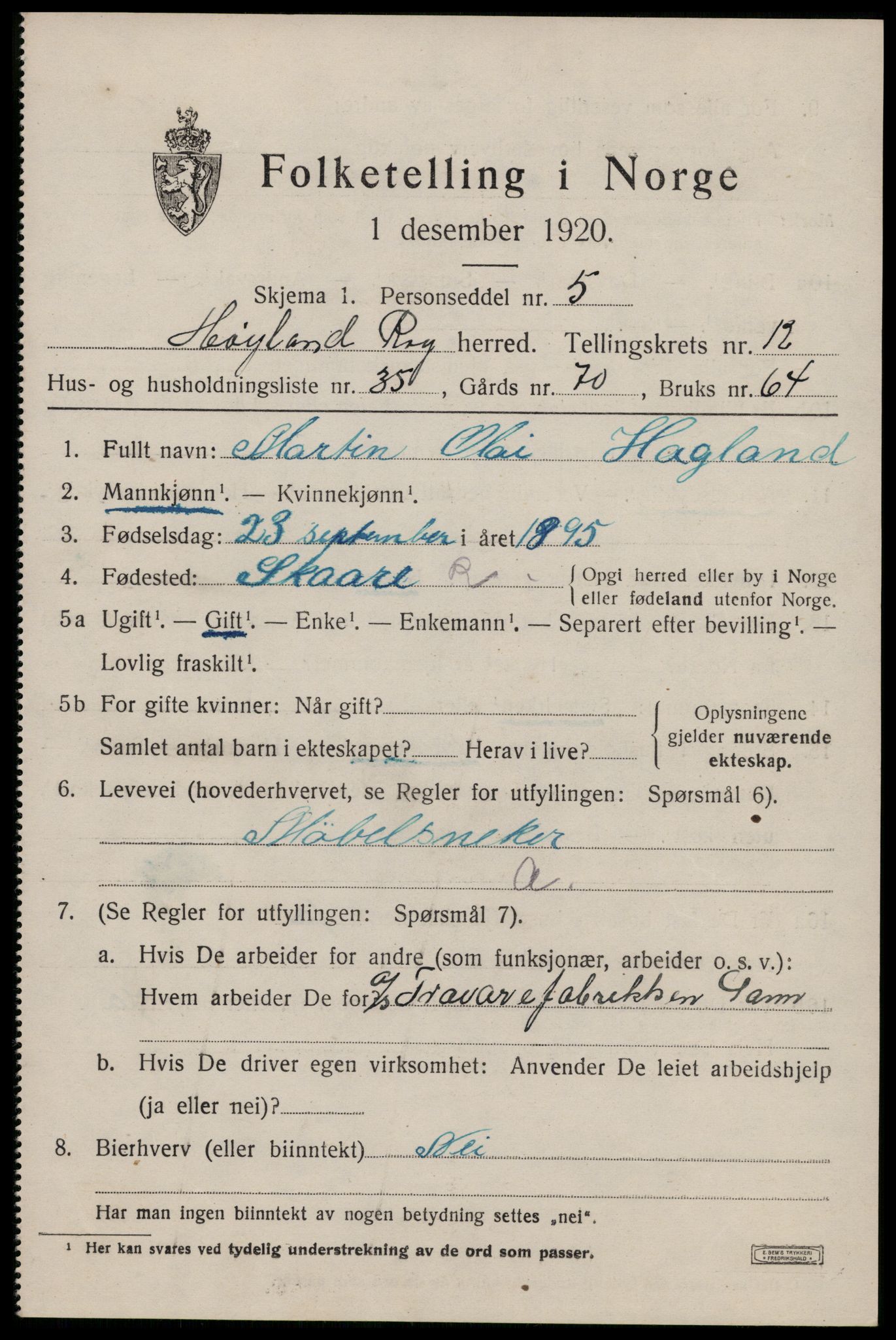 SAST, 1920 census for Høyland, 1920, p. 9794