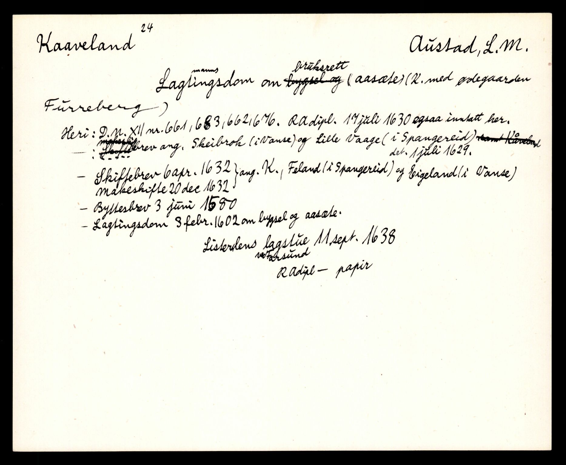 Riksarkivets diplomsamling, AV/RA-EA-5965/F35/F35e/L0026: Registreringssedler Vest-Agder 2, 1400-1700, p. 93