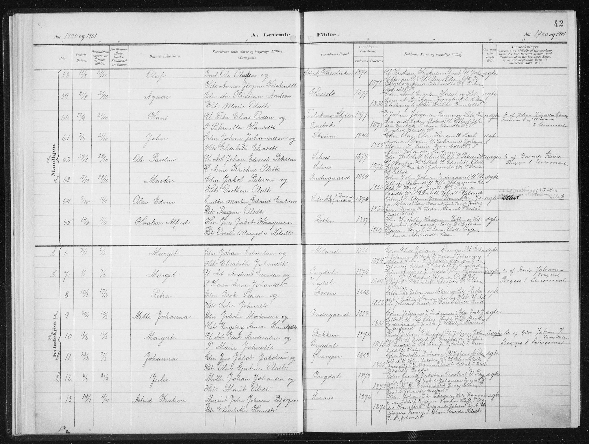 Ministerialprotokoller, klokkerbøker og fødselsregistre - Sør-Trøndelag, SAT/A-1456/647/L0635: Parish register (official) no. 647A02, 1896-1911, p. 42