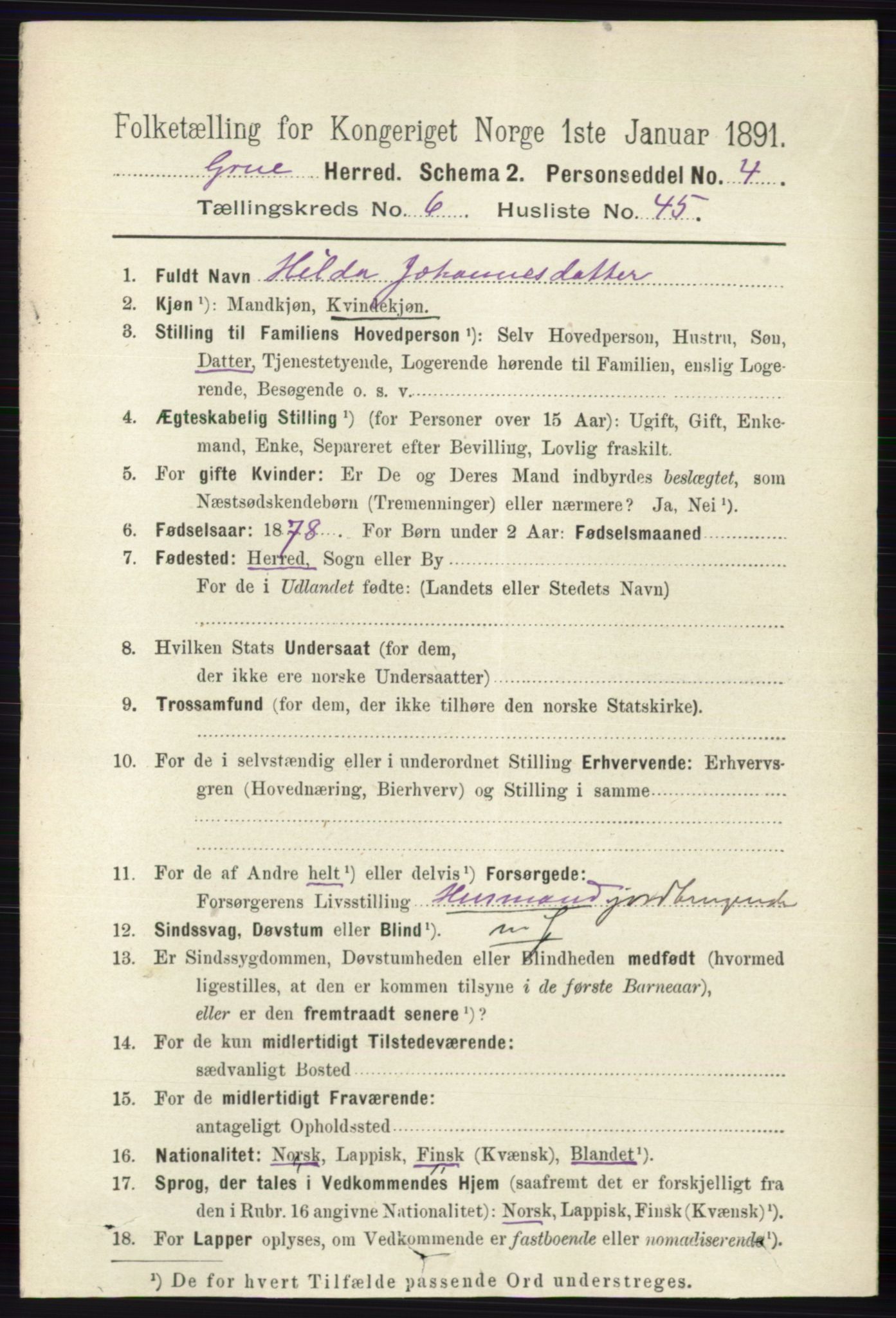 RA, 1891 census for 0423 Grue, 1891, p. 3443