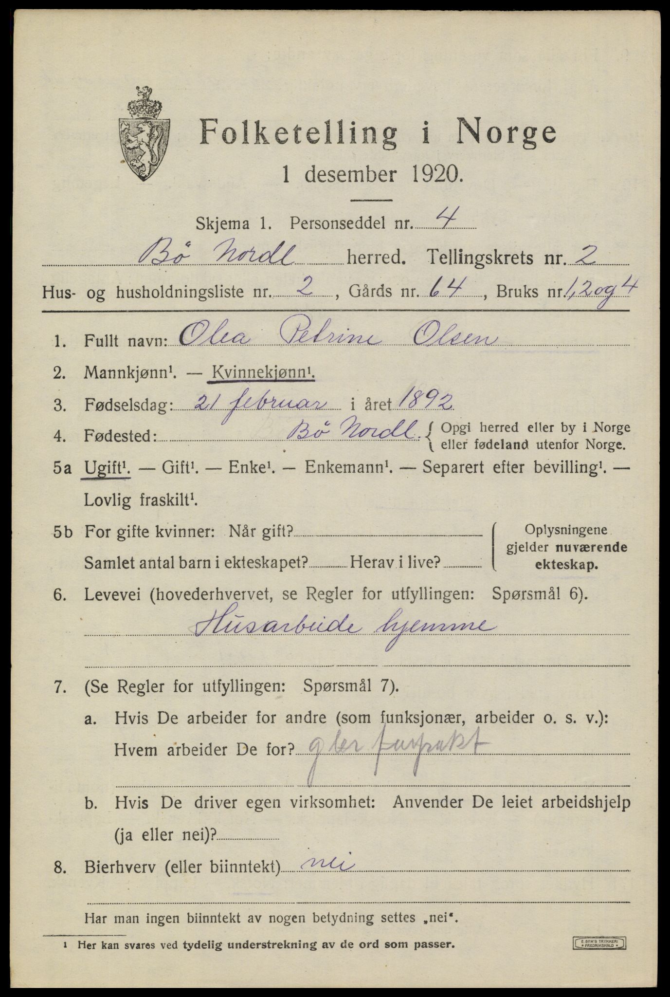 SAT, 1920 census for Bø, 1920, p. 2316