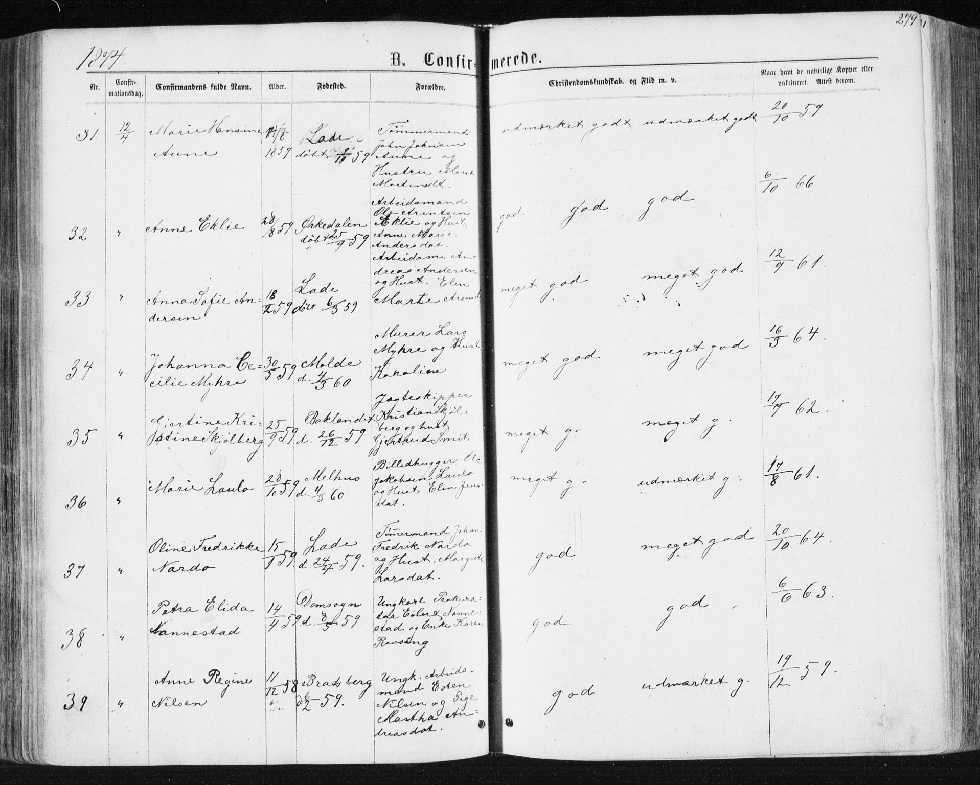 Ministerialprotokoller, klokkerbøker og fødselsregistre - Sør-Trøndelag, AV/SAT-A-1456/604/L0186: Parish register (official) no. 604A07, 1866-1877, p. 279