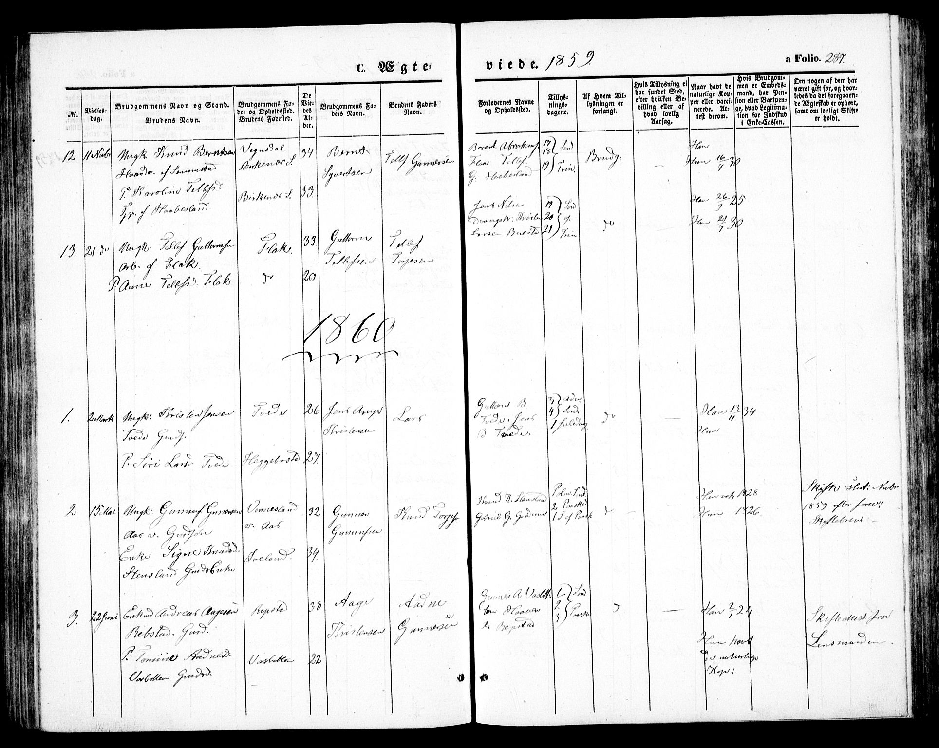 Birkenes sokneprestkontor, SAK/1111-0004/F/Fb/L0002: Parish register (copy) no. B 2, 1849-1876, p. 287