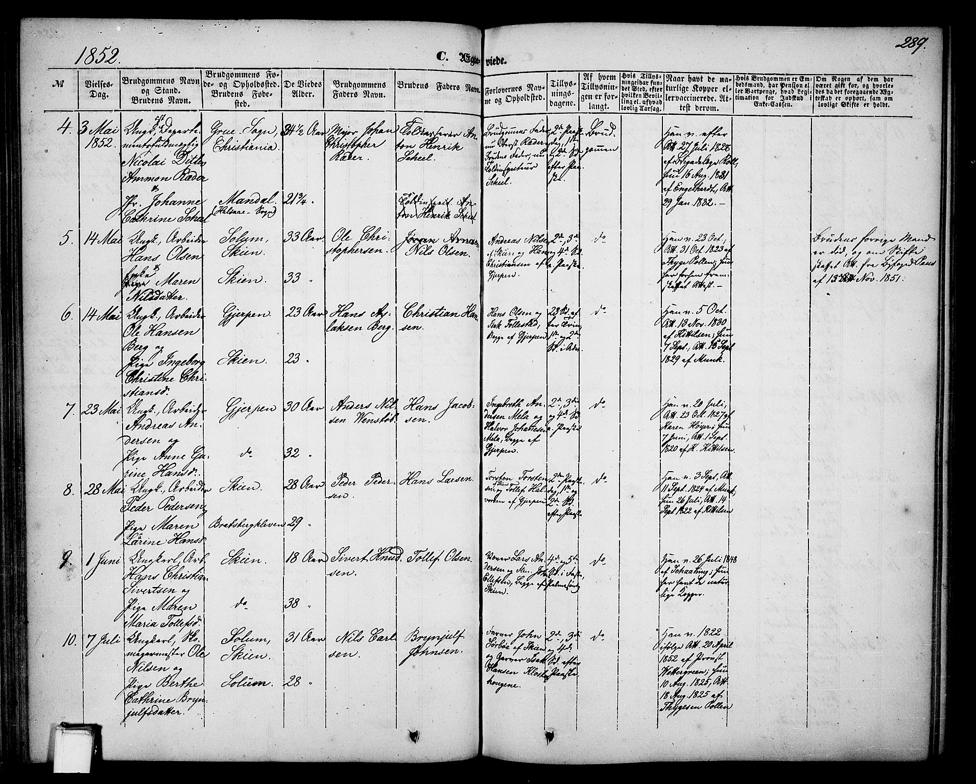 Skien kirkebøker, SAKO/A-302/G/Ga/L0004: Parish register (copy) no. 4, 1843-1867, p. 289