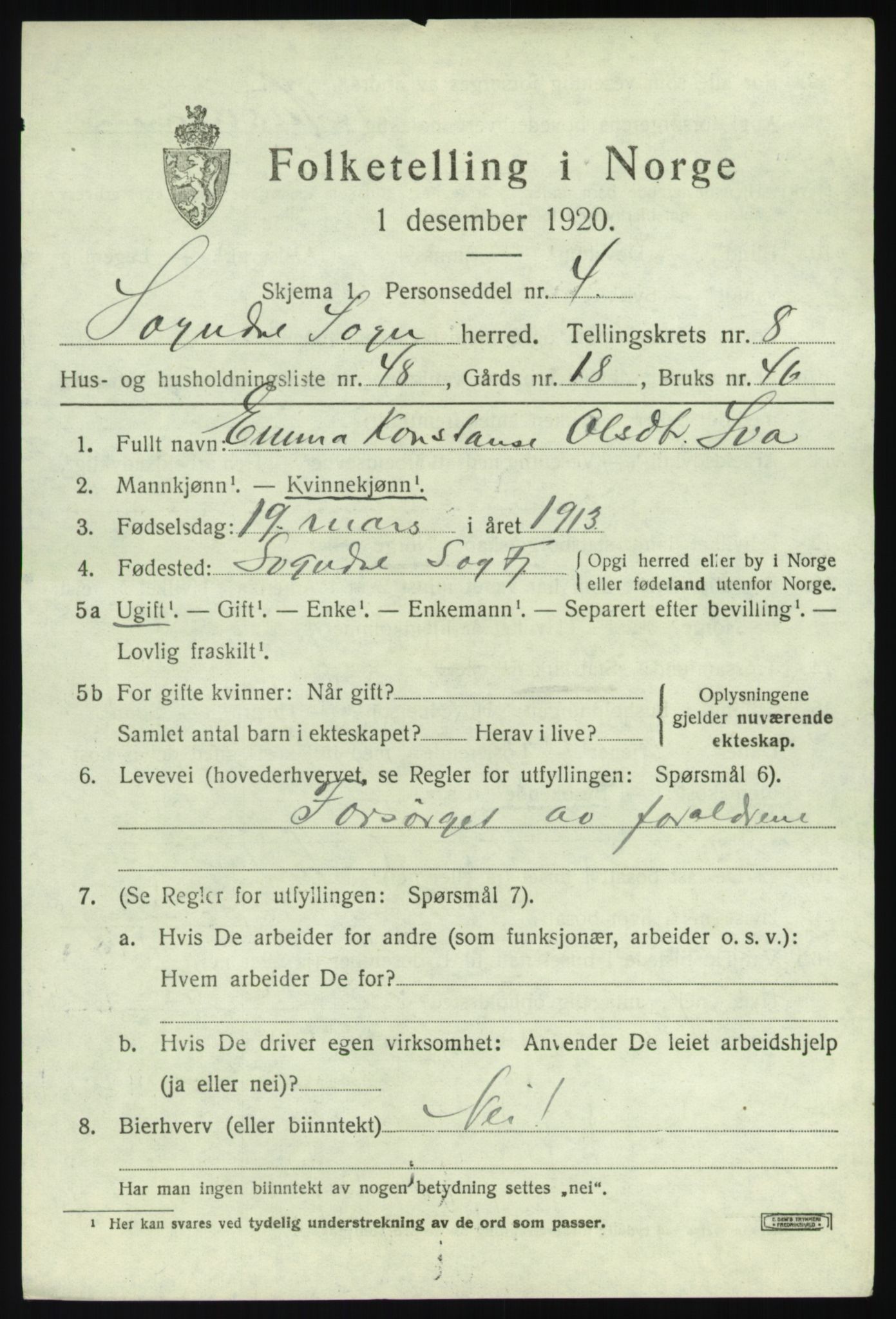 SAB, 1920 census for Sogndal, 1920, p. 4217