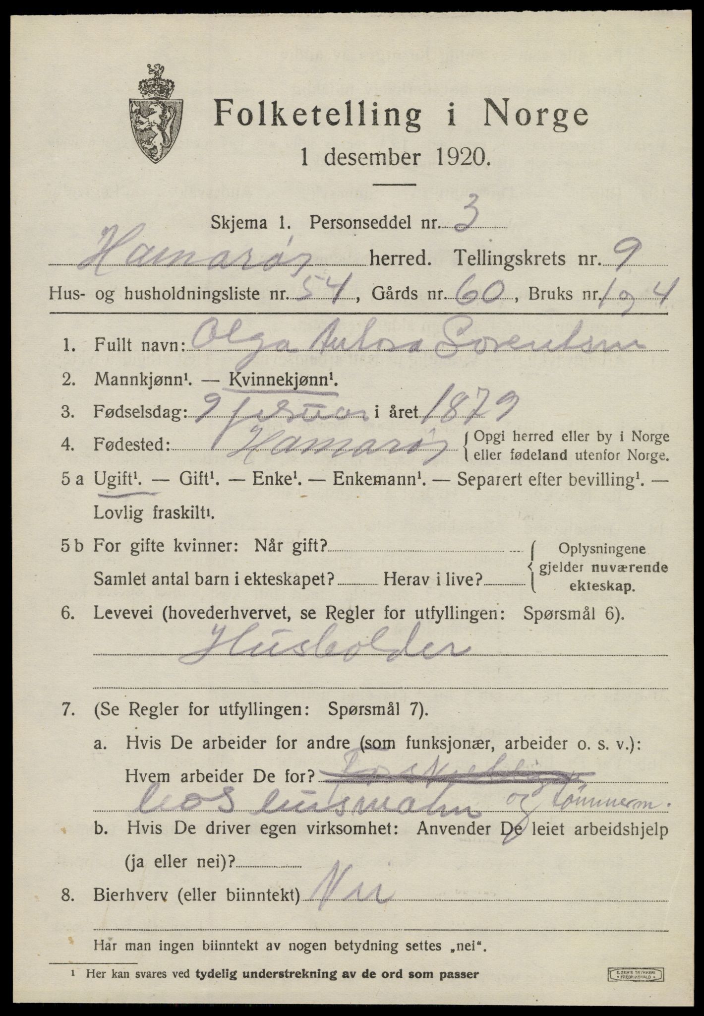 SAT, 1920 census for Hamarøy, 1920, p. 4854