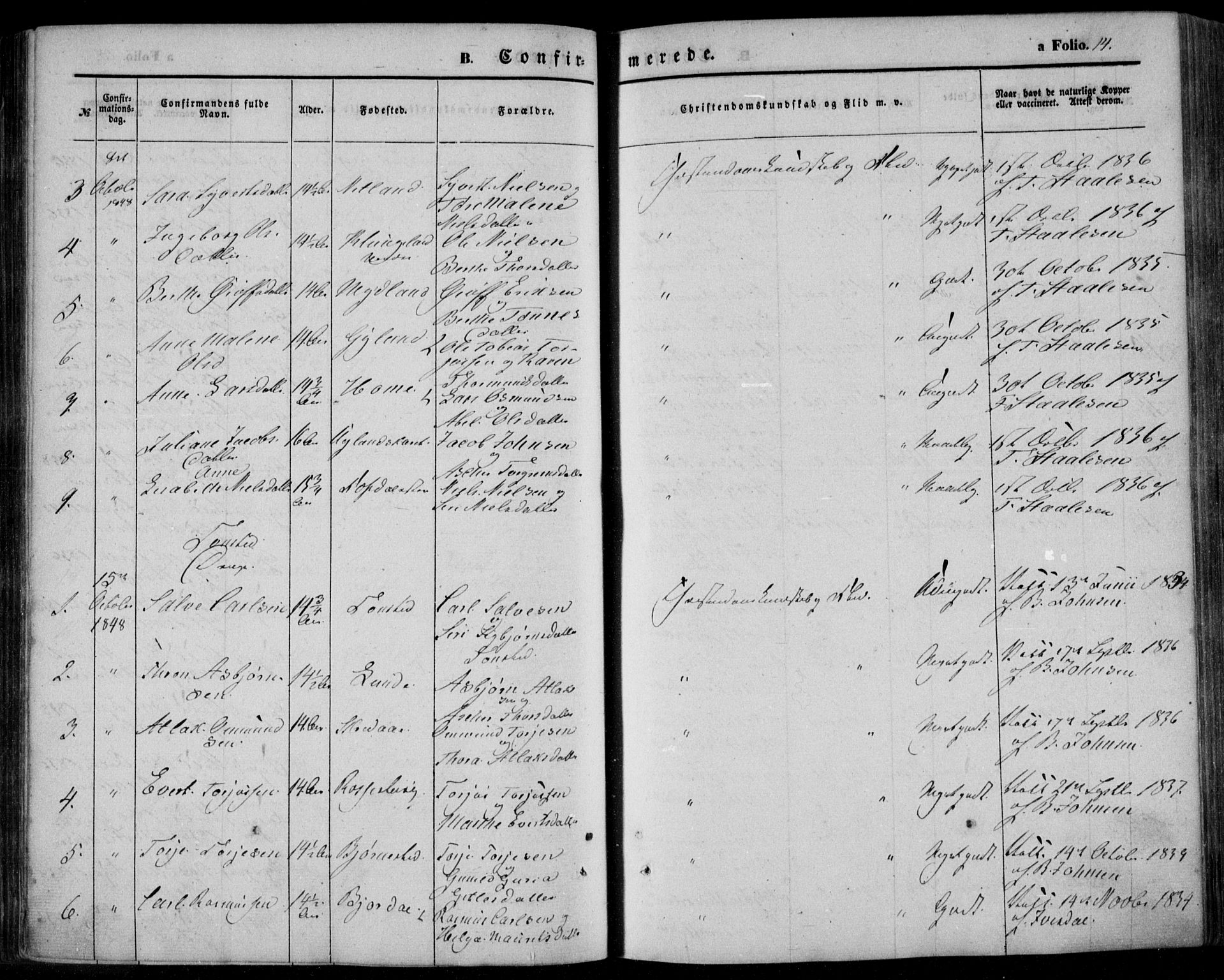 Bakke sokneprestkontor, AV/SAK-1111-0002/F/Fa/Faa/L0005: Parish register (official) no. A 5, 1847-1855, p. 14