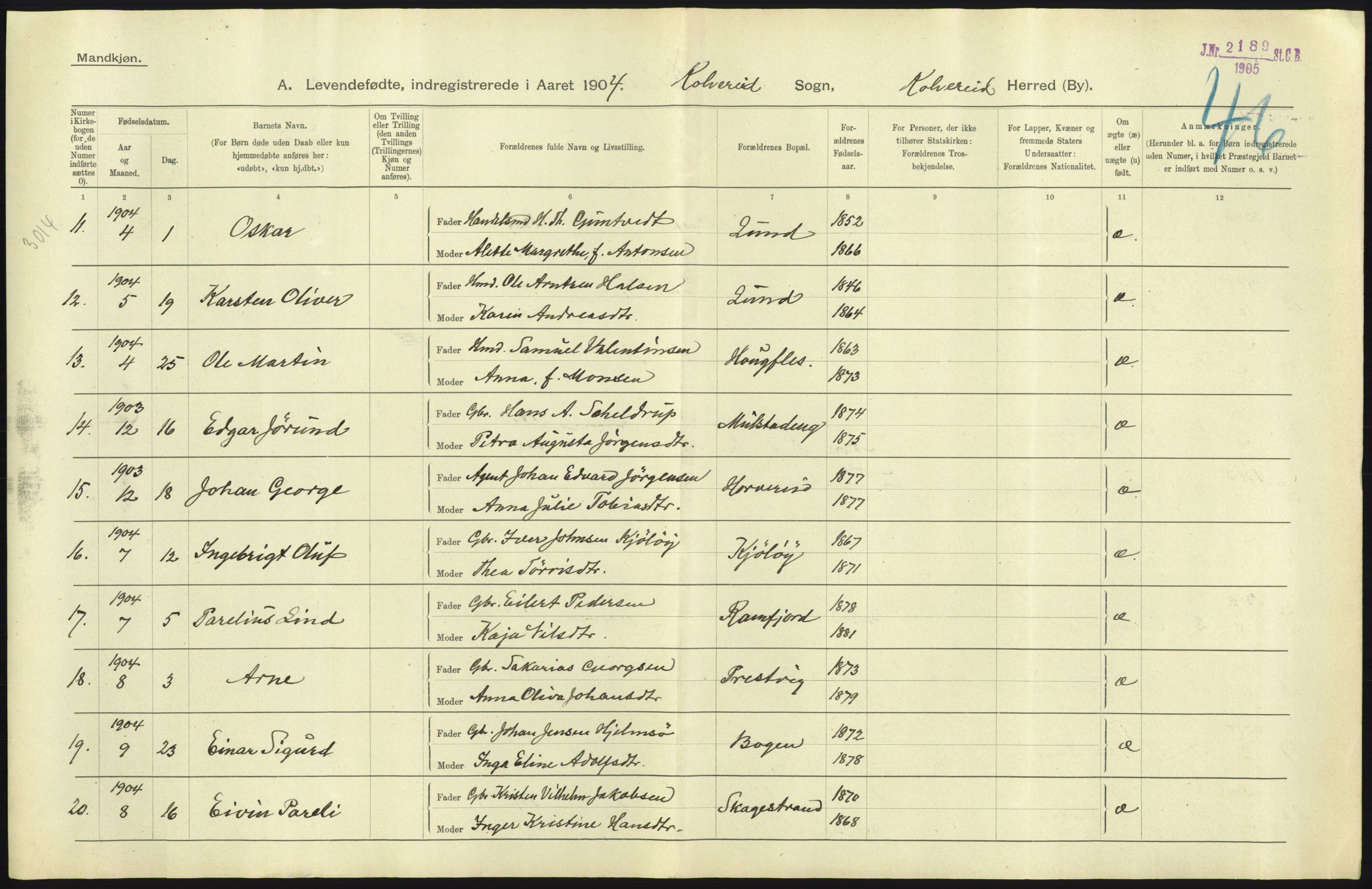 Statistisk sentralbyrå, Sosiodemografiske emner, Befolkning, AV/RA-S-2228/D/Df/Dfa/Dfab/L0019: Nordre Trondhjems amt: Fødte, gifte, døde, 1904, p. 311