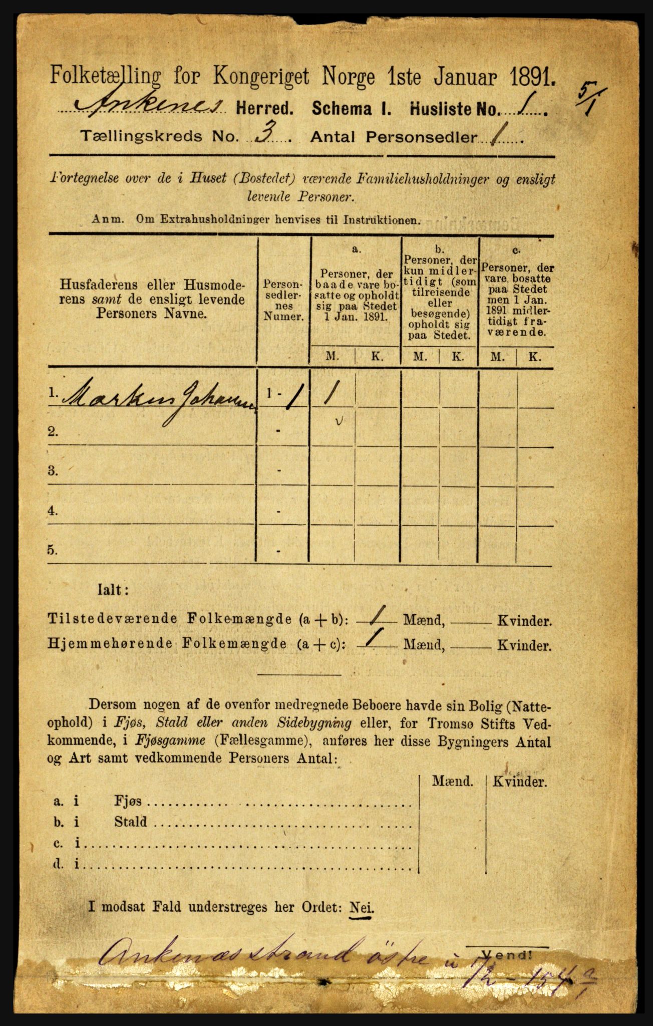 RA, 1891 census for 1855 Ankenes, 1891, p. 1464