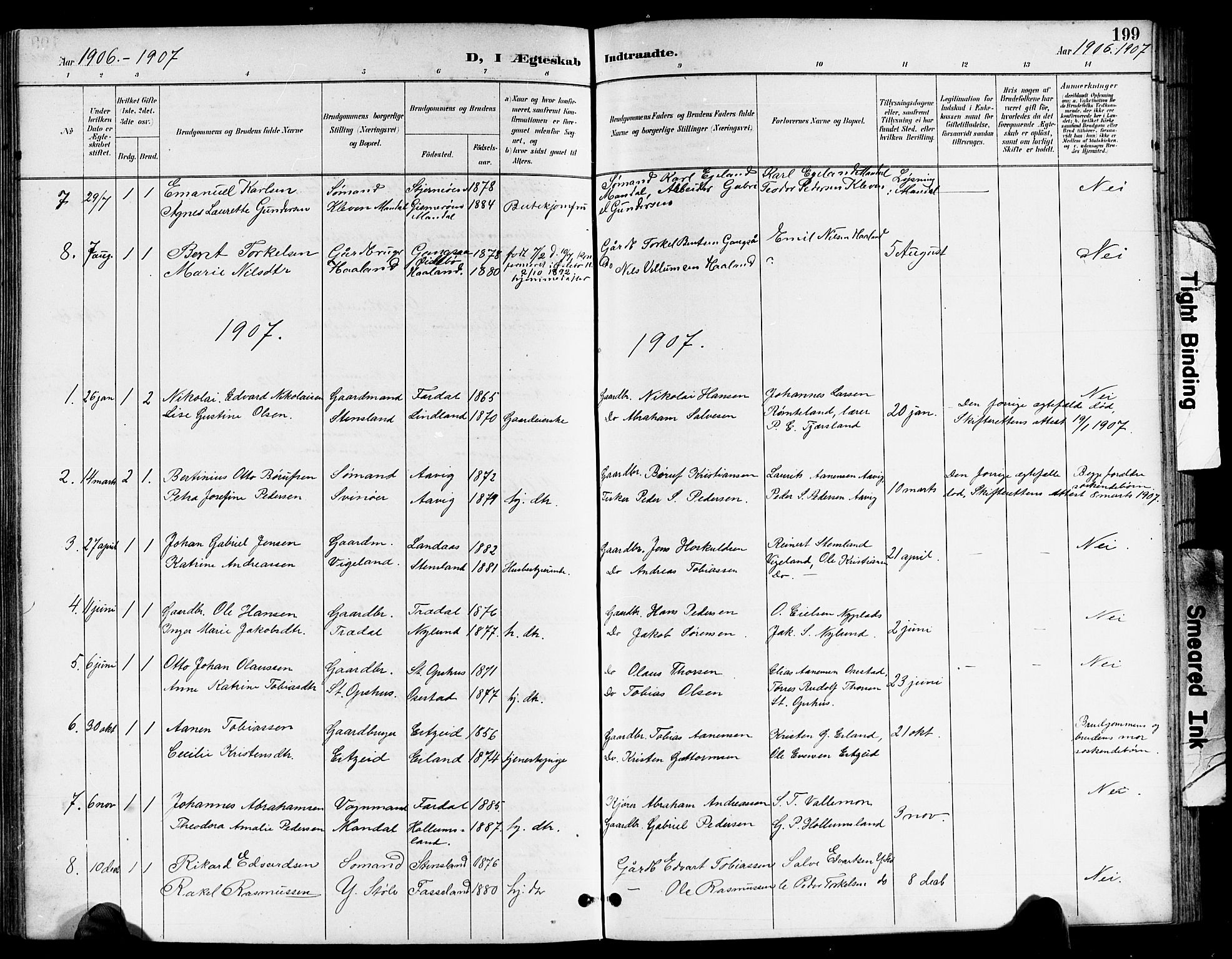 Sør-Audnedal sokneprestkontor, AV/SAK-1111-0039/F/Fb/Fbb/L0006: Parish register (copy) no. B 6, 1893-1915, p. 199