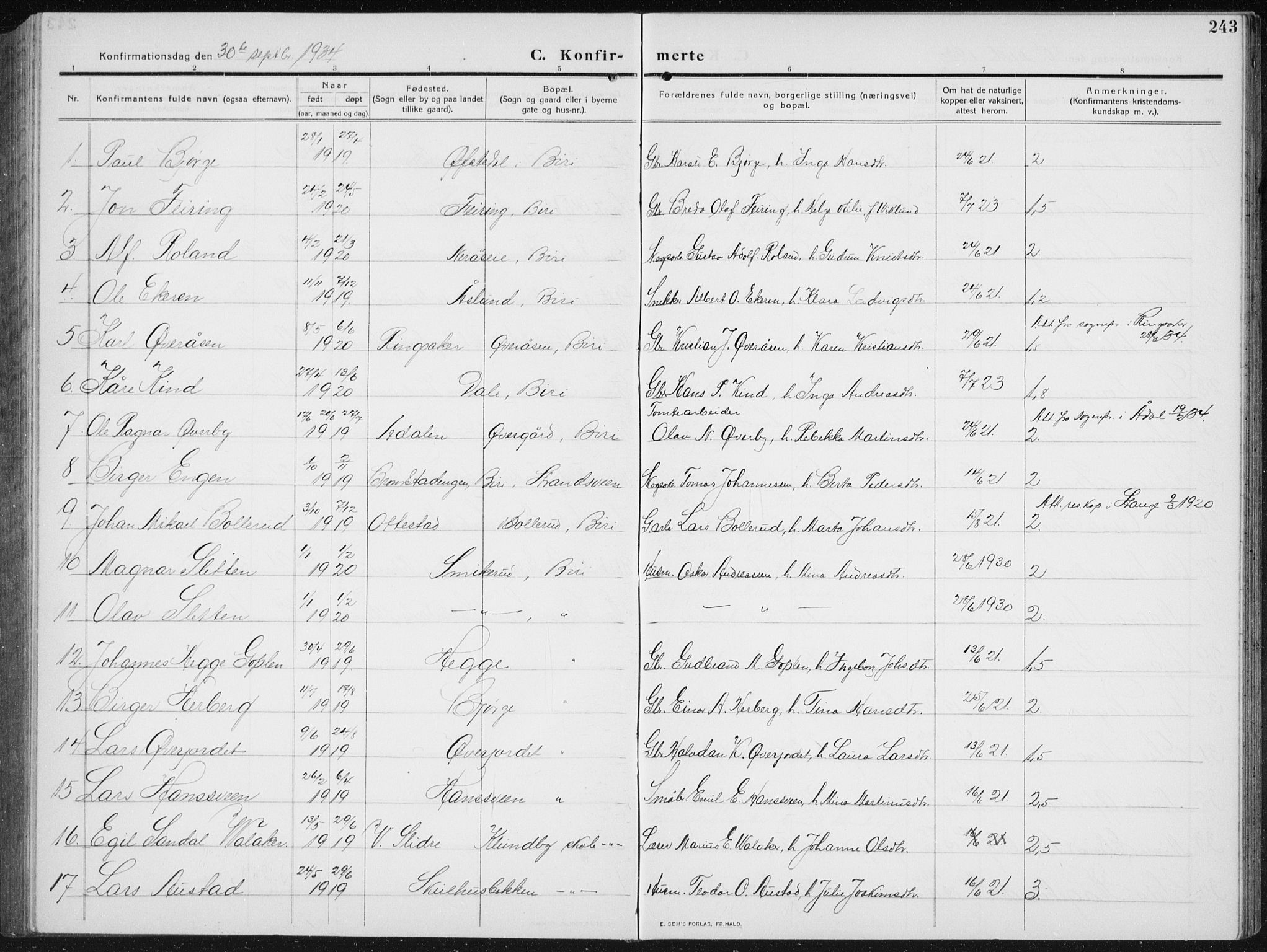 Biri prestekontor, AV/SAH-PREST-096/H/Ha/Hab/L0006: Parish register (copy) no. 6, 1909-1938, p. 243