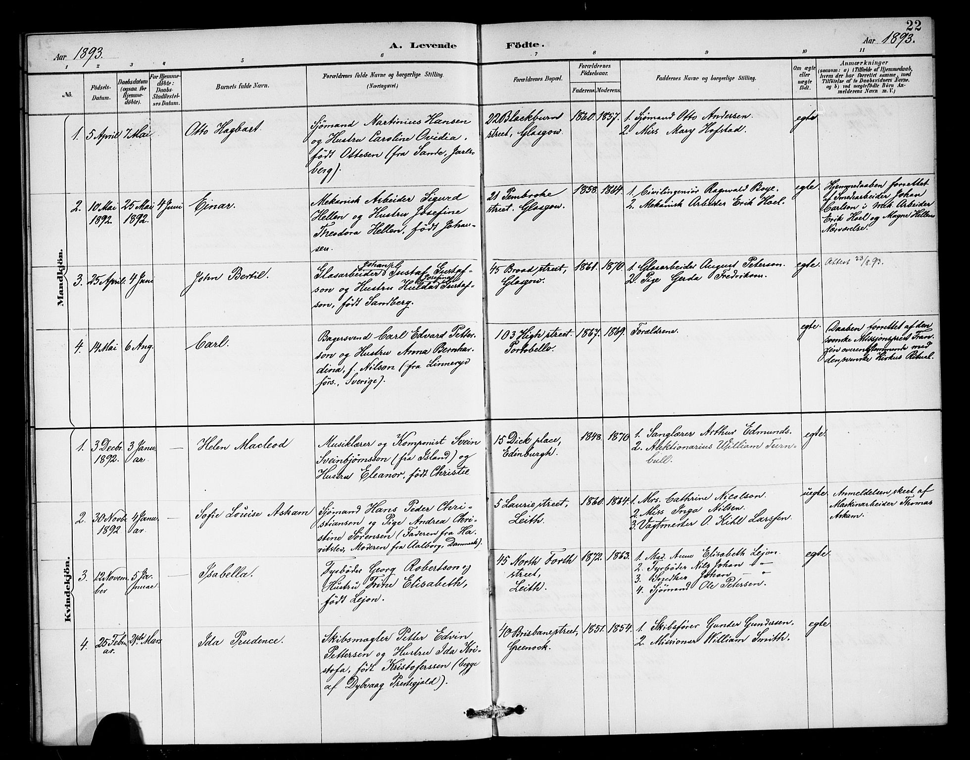 Den norske sjømannsmisjon i utlandet/Skotske havner (Leith, Glasgow), SAB/SAB/PA-0100/H/Ha/Haa/L0003: Parish register (official) no. A 3, 1887-1898, p. 22