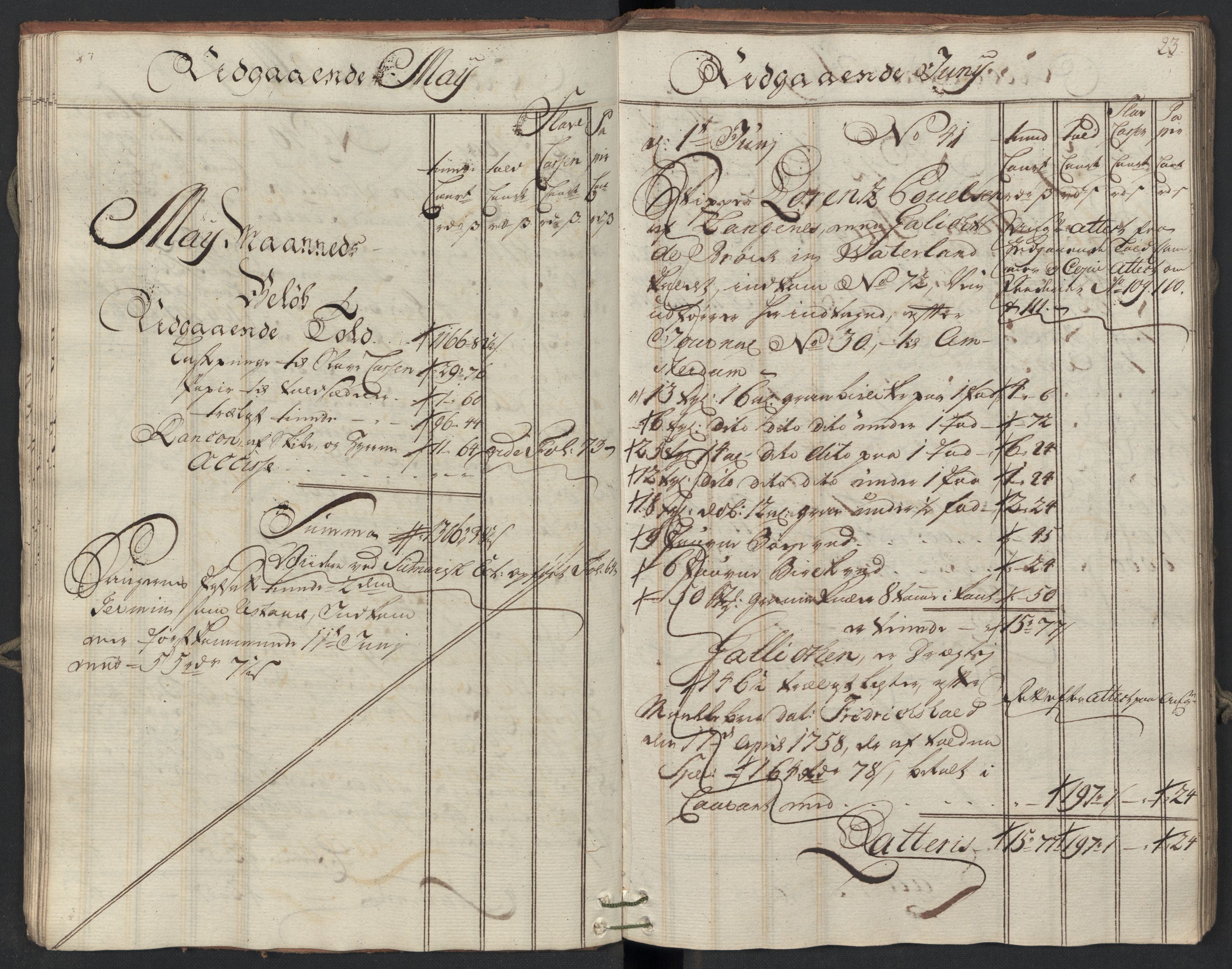 Generaltollkammeret, tollregnskaper, AV/RA-EA-5490/R09/L0038/0001: Tollregnskaper Holmestrand / Utgående hovedtollbok, 1764, p. 22b-23a