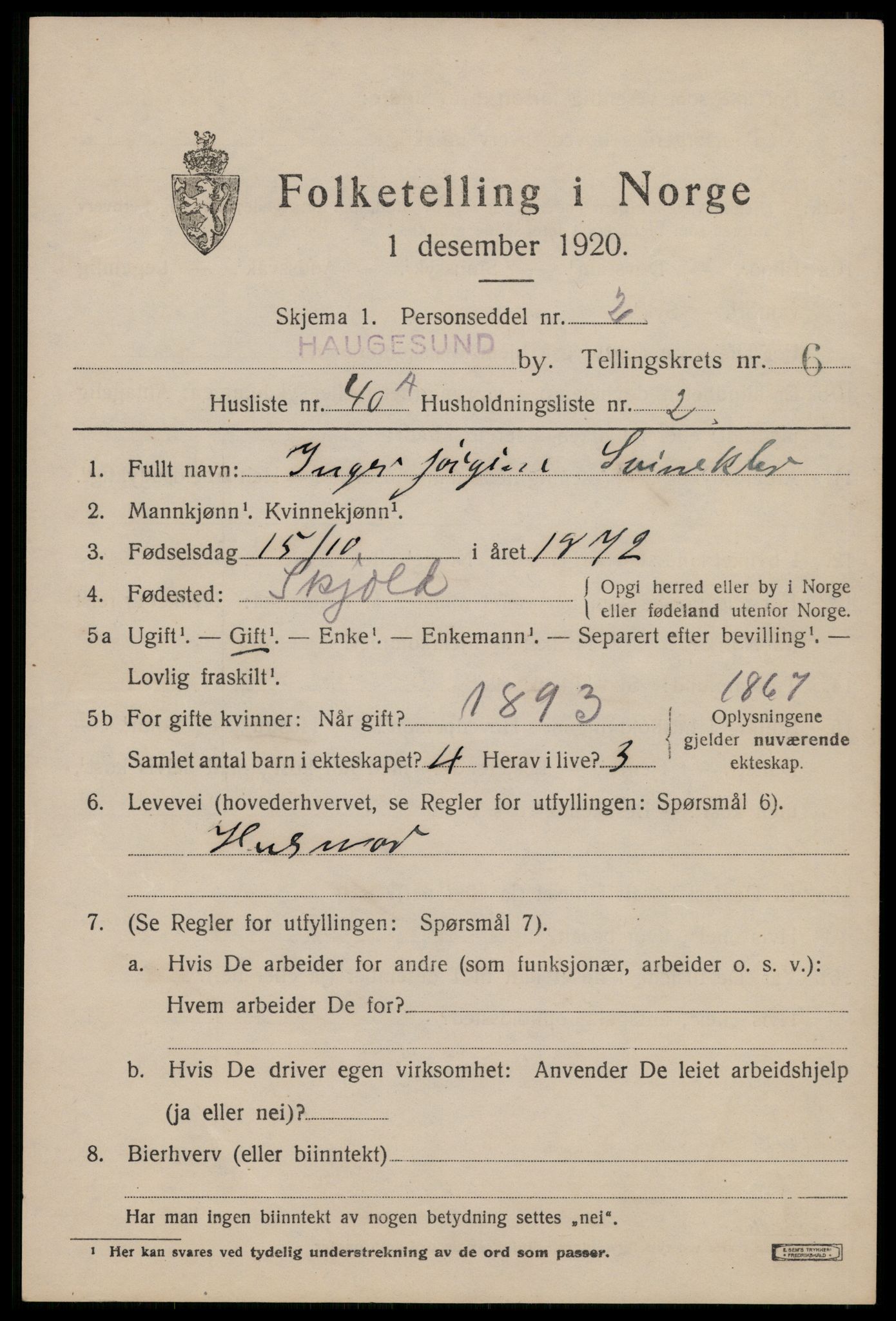 SAST, 1920 census for Haugesund, 1920, p. 22233