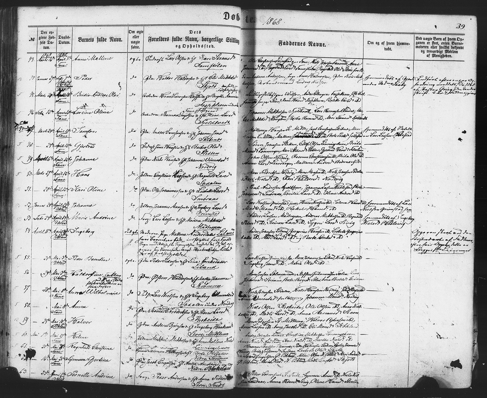 Fana Sokneprestembete, AV/SAB-A-75101/H/Haa/Haaa/L0012: Parish register (official) no. A 12, 1862-1878, p. 39