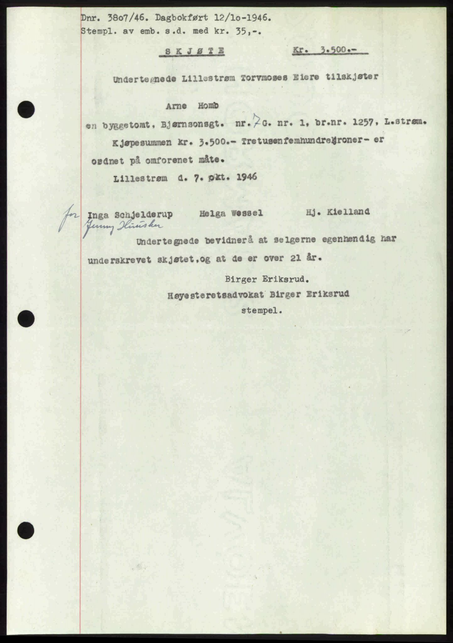 Nedre Romerike sorenskriveri, AV/SAO-A-10469/G/Gb/Gbd/L0017: Mortgage book no. 17, 1946-1946, Diary no: : 3807/1946