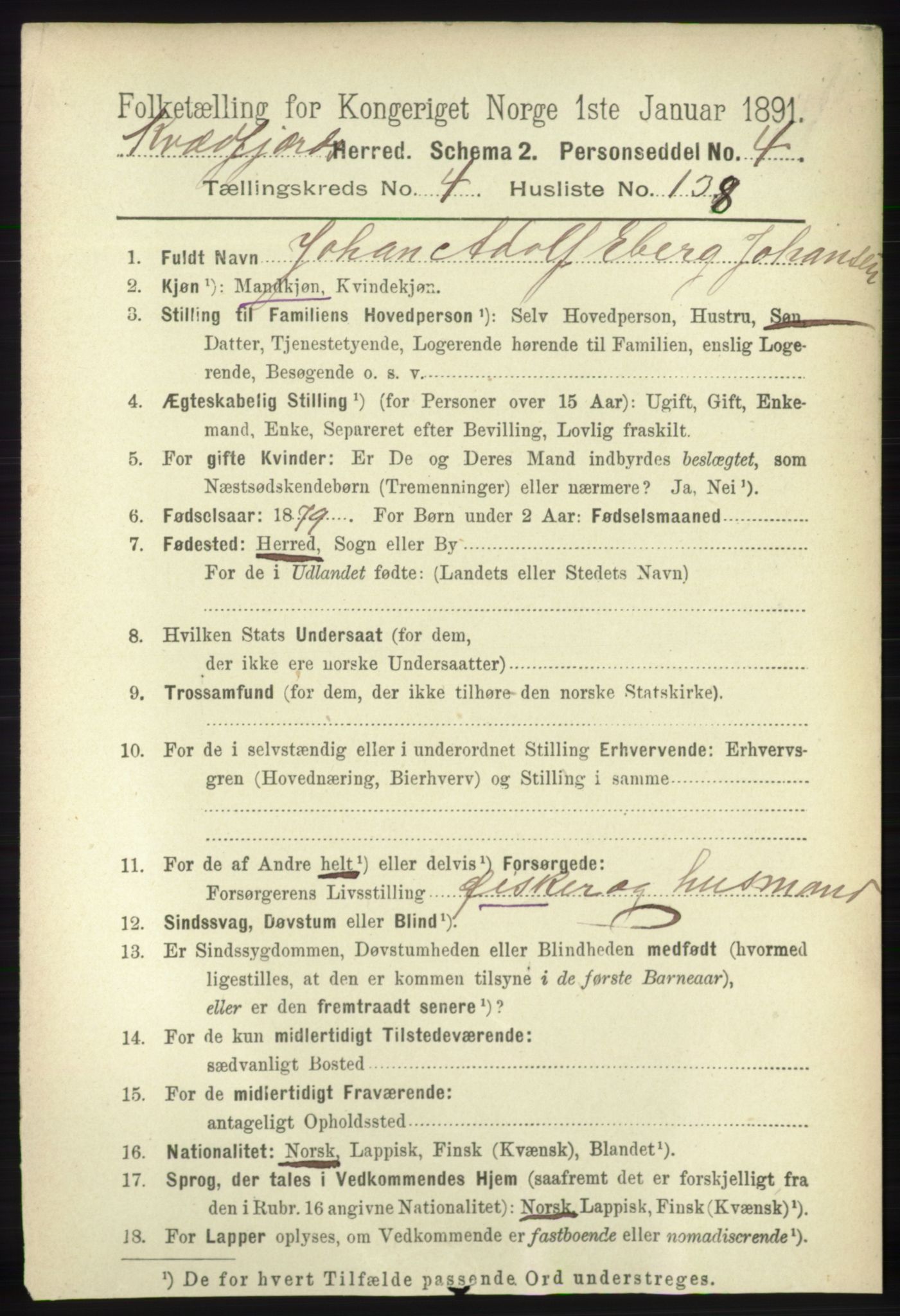 RA, 1891 census for 1911 Kvæfjord, 1891, p. 2762