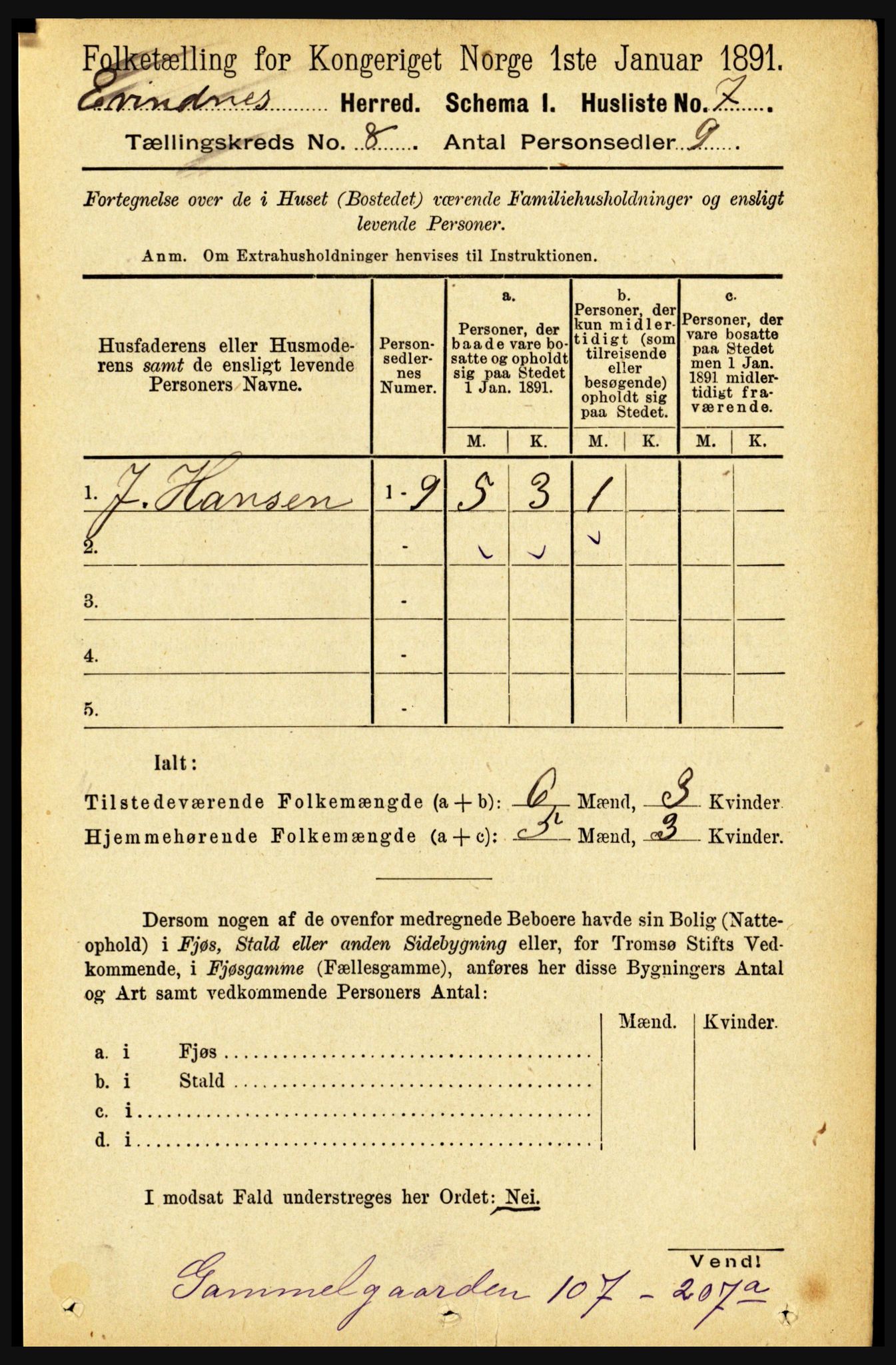 RA, 1891 census for 1853 Evenes, 1891, p. 2480