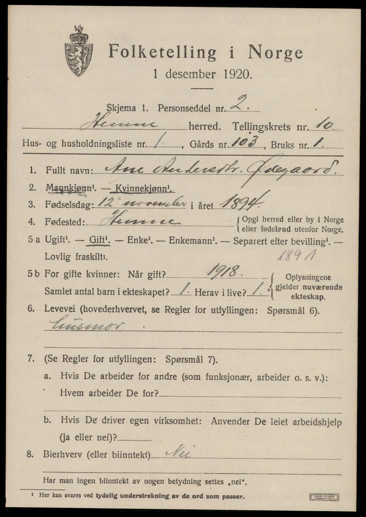 SAT, 1920 census for Hemne, 1920, p. 6124